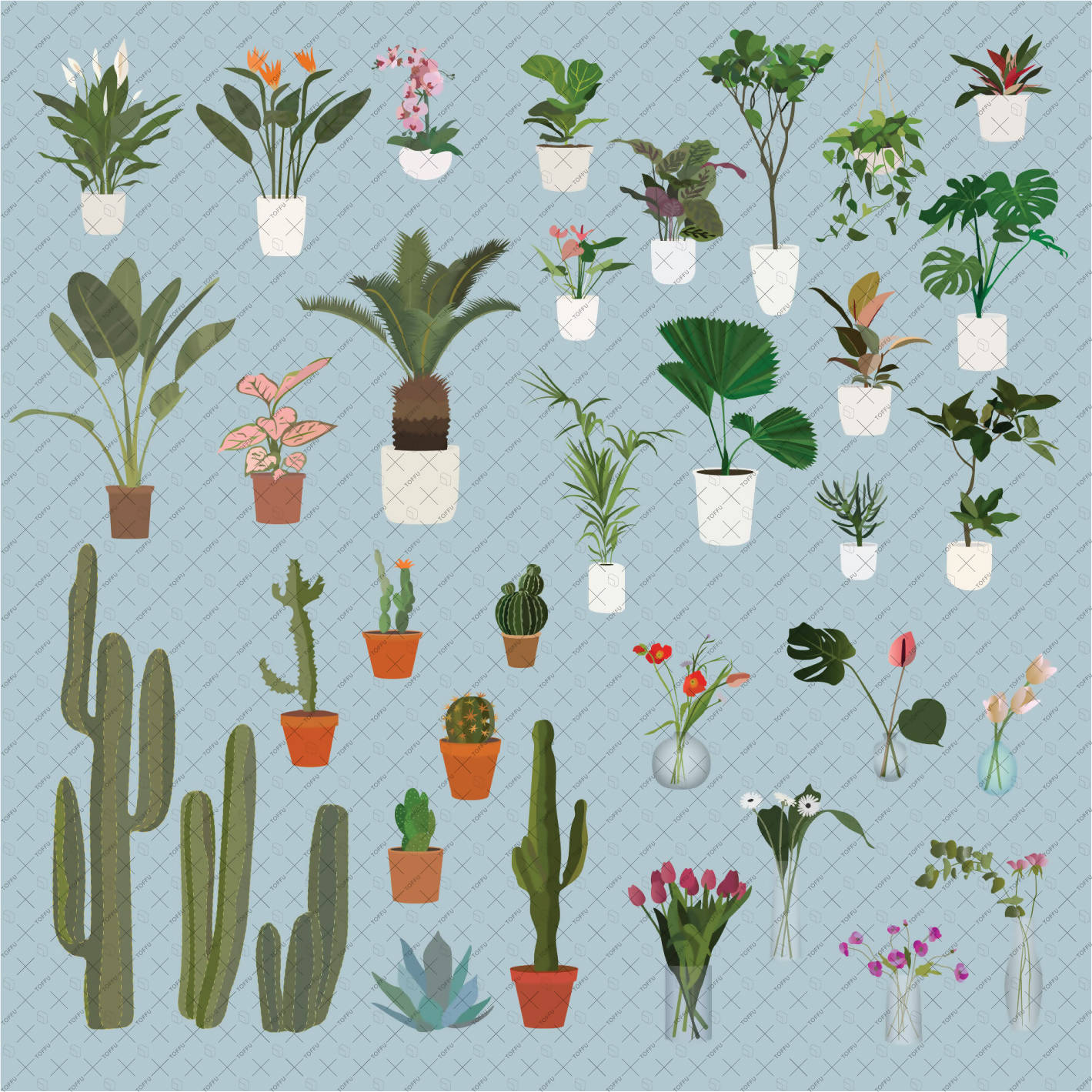 Flat Vector Plants Mega Pack (35 Plants) PNG - Toffu Co