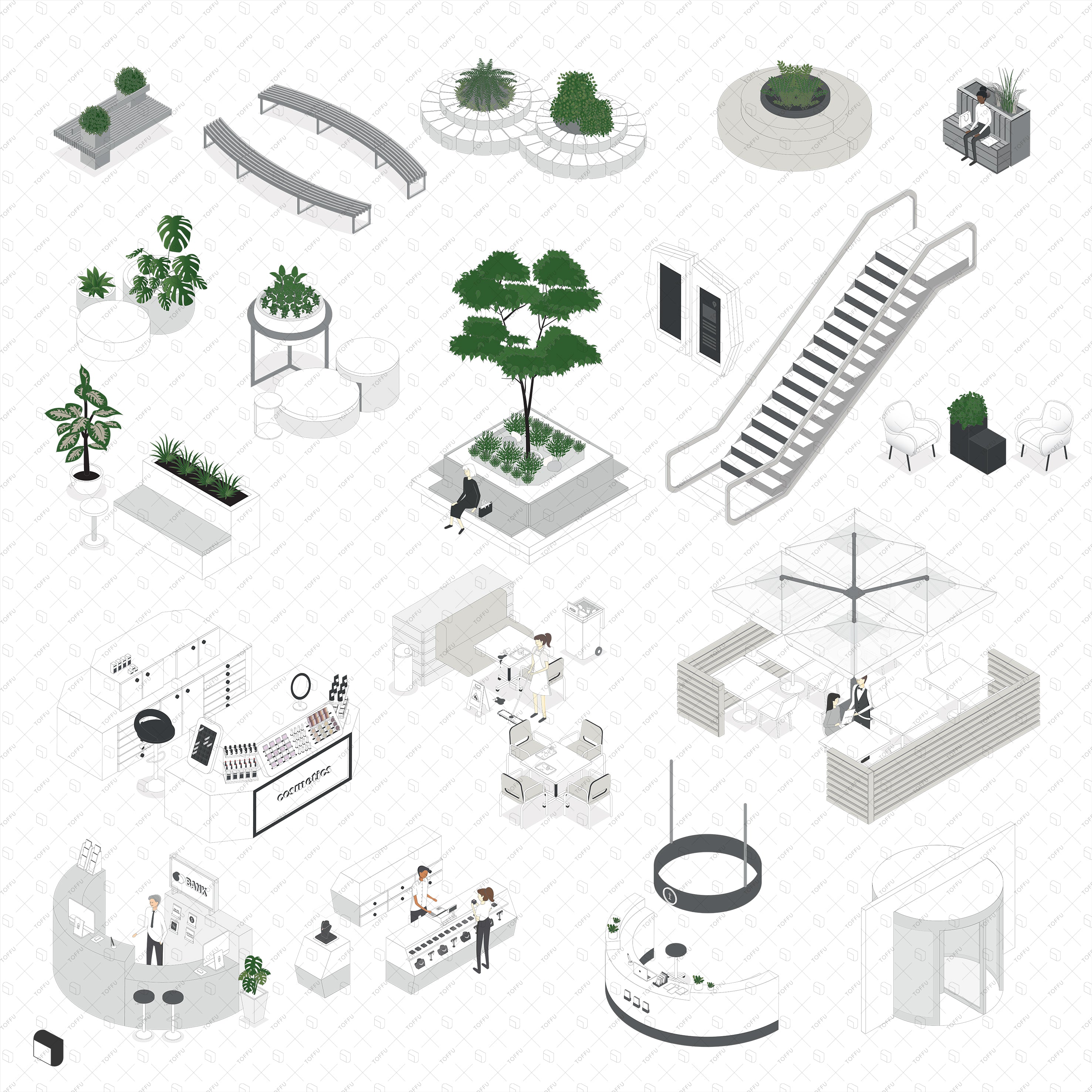 Axonometric Mall Furniture PNG - Toffu Co