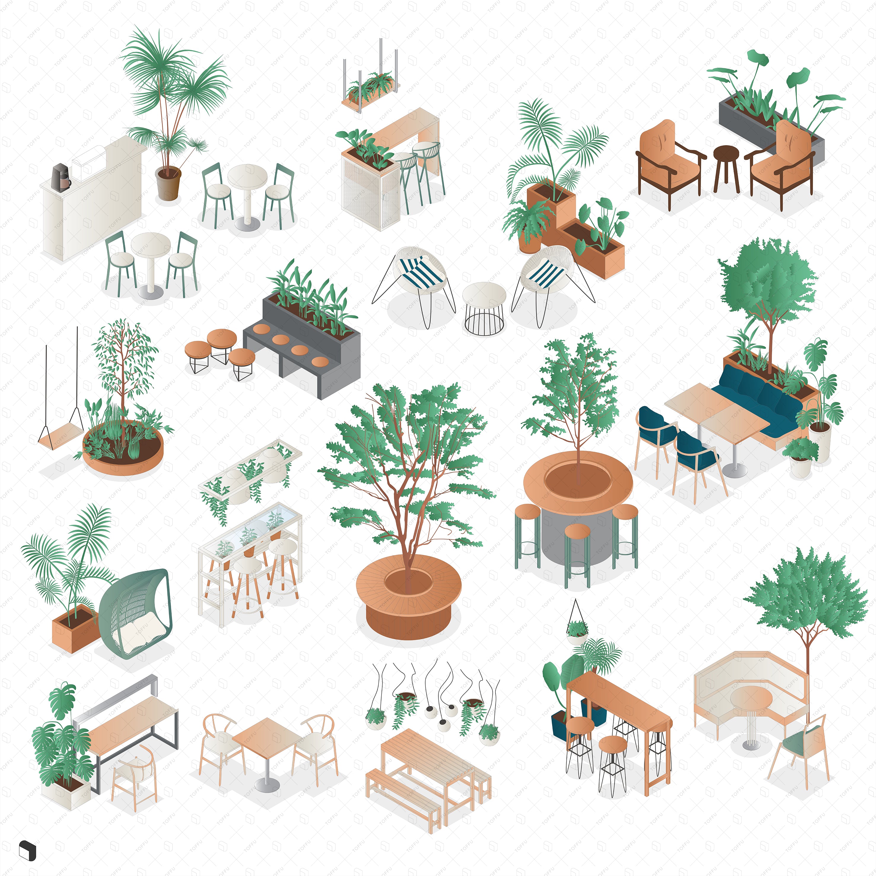 Axonometric Botanical Cafe Furniture & Vegetation PNG - Toffu Co