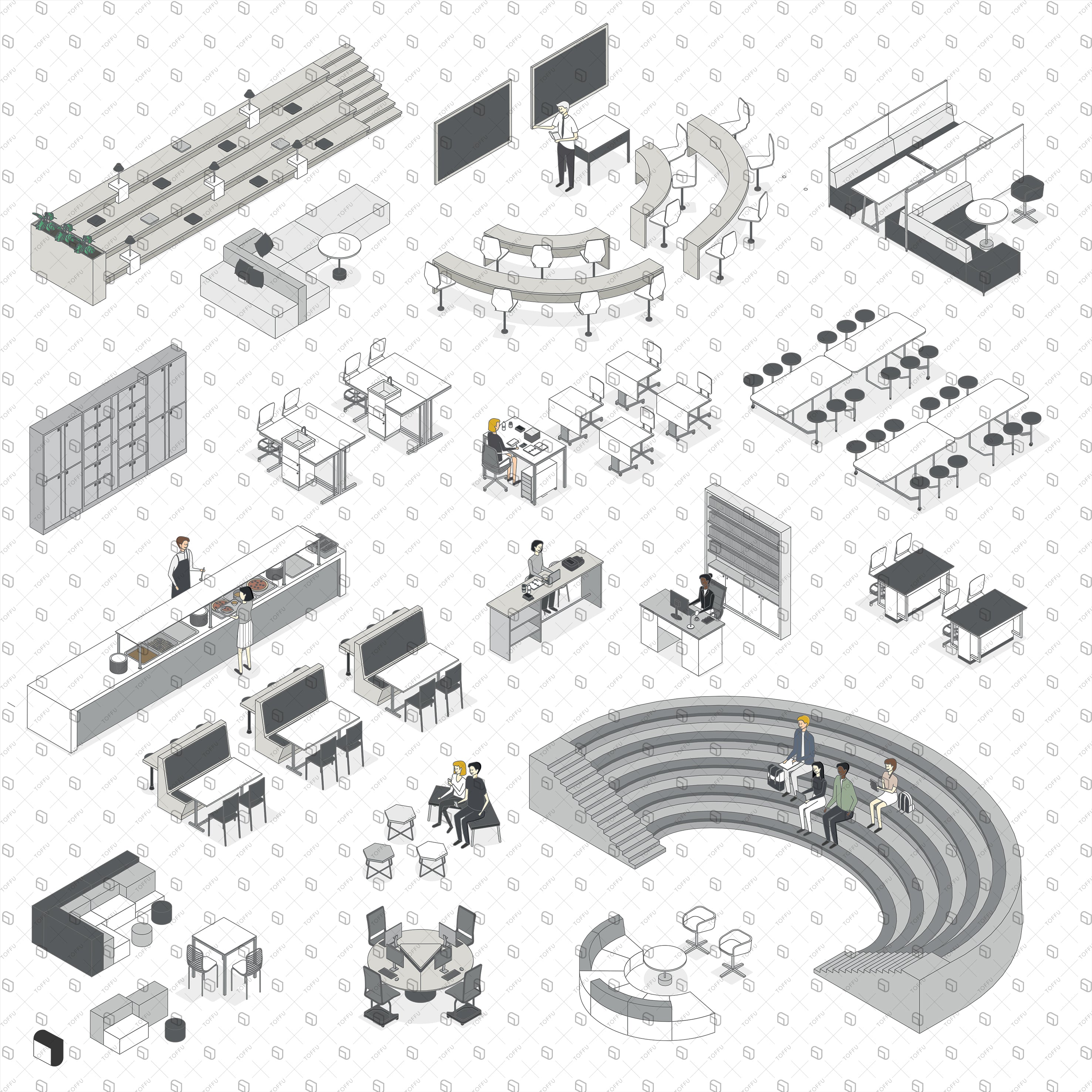 Axonometric University People & Furniture PNG - Toffu Co