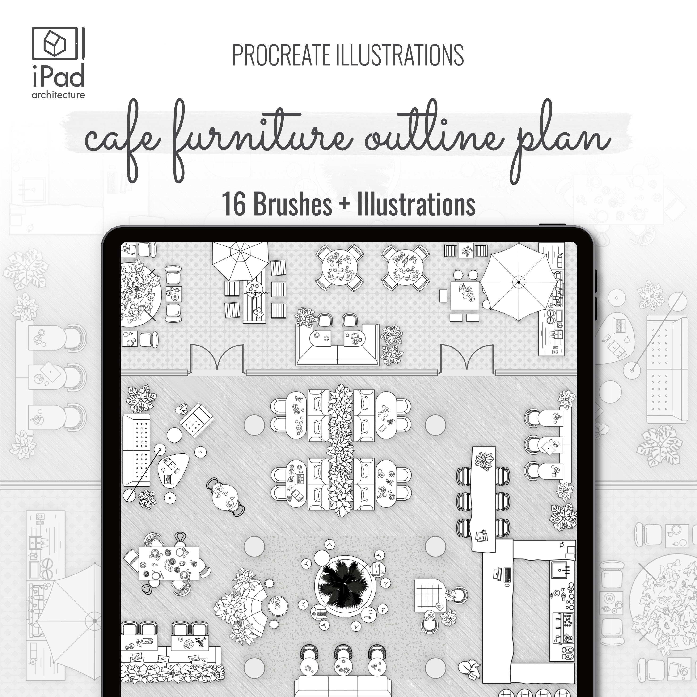 Procreate Outline Cafe Furniture Plan Brushset & Illustrations PNG - Toffu Co