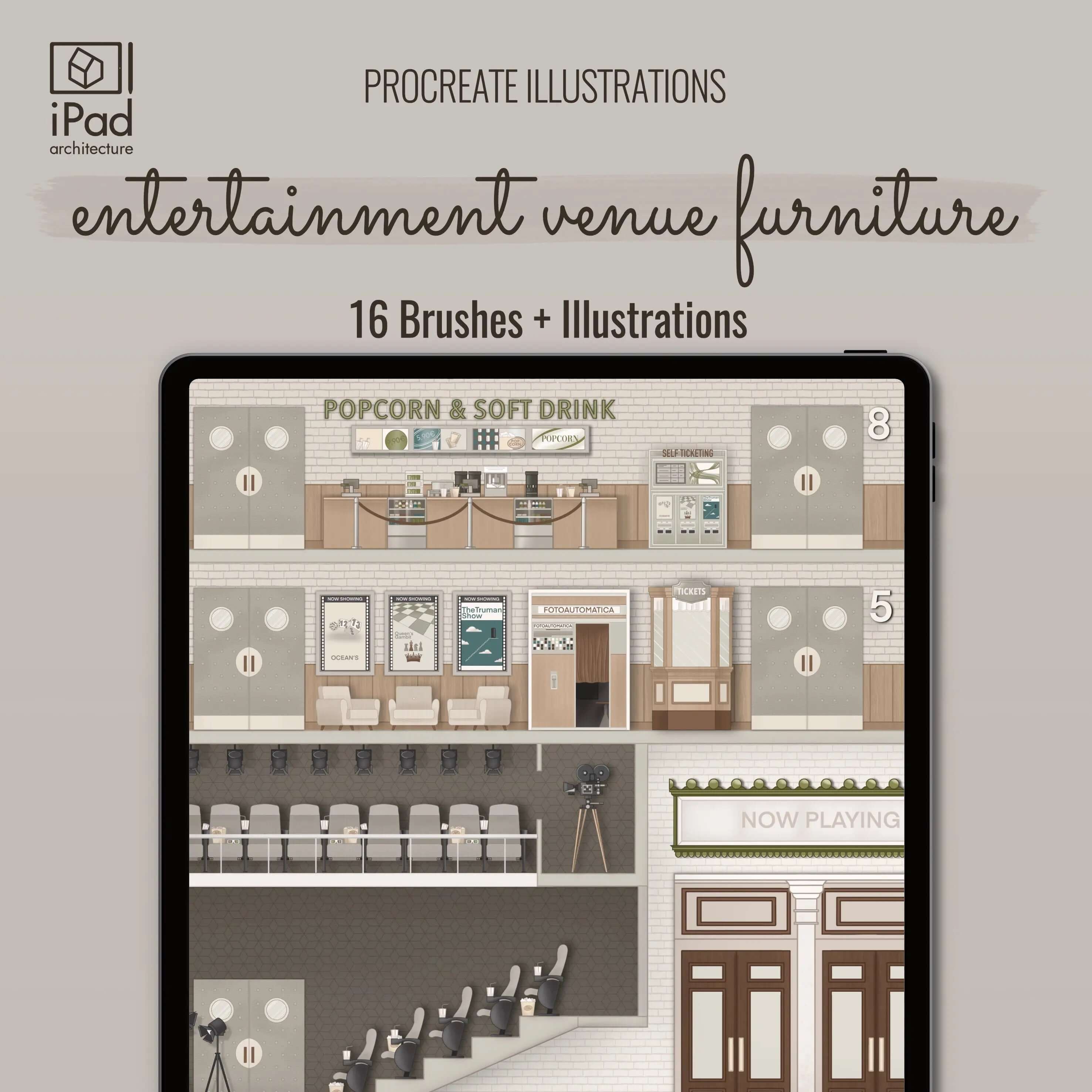 Procreate Entertainment Venue Furniture Brushset & Illustrations Digital Artwork drawings | Toffu Co