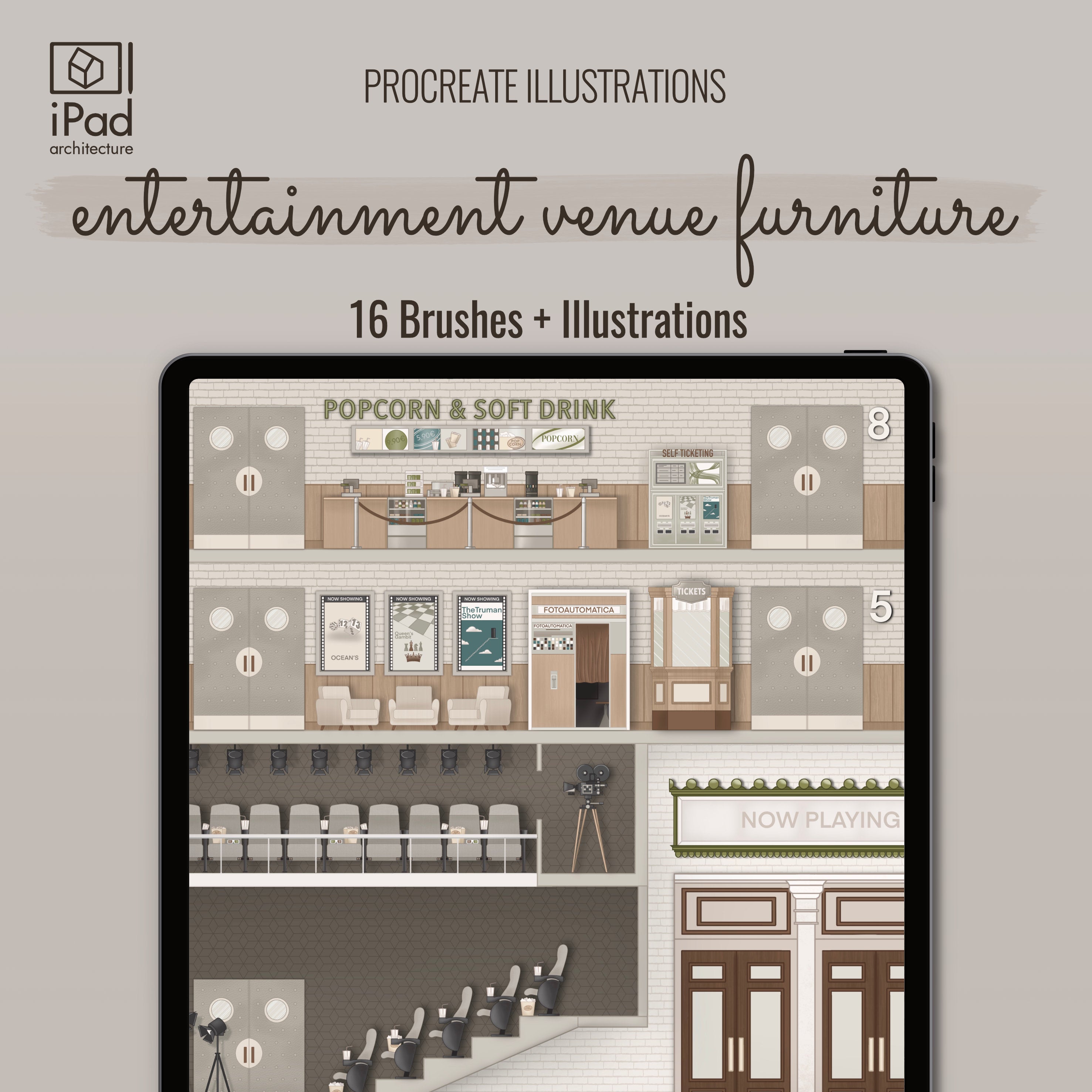 Procreate Entertainment Venue Furniture Brushset & Illustrations PNG - Toffu Co