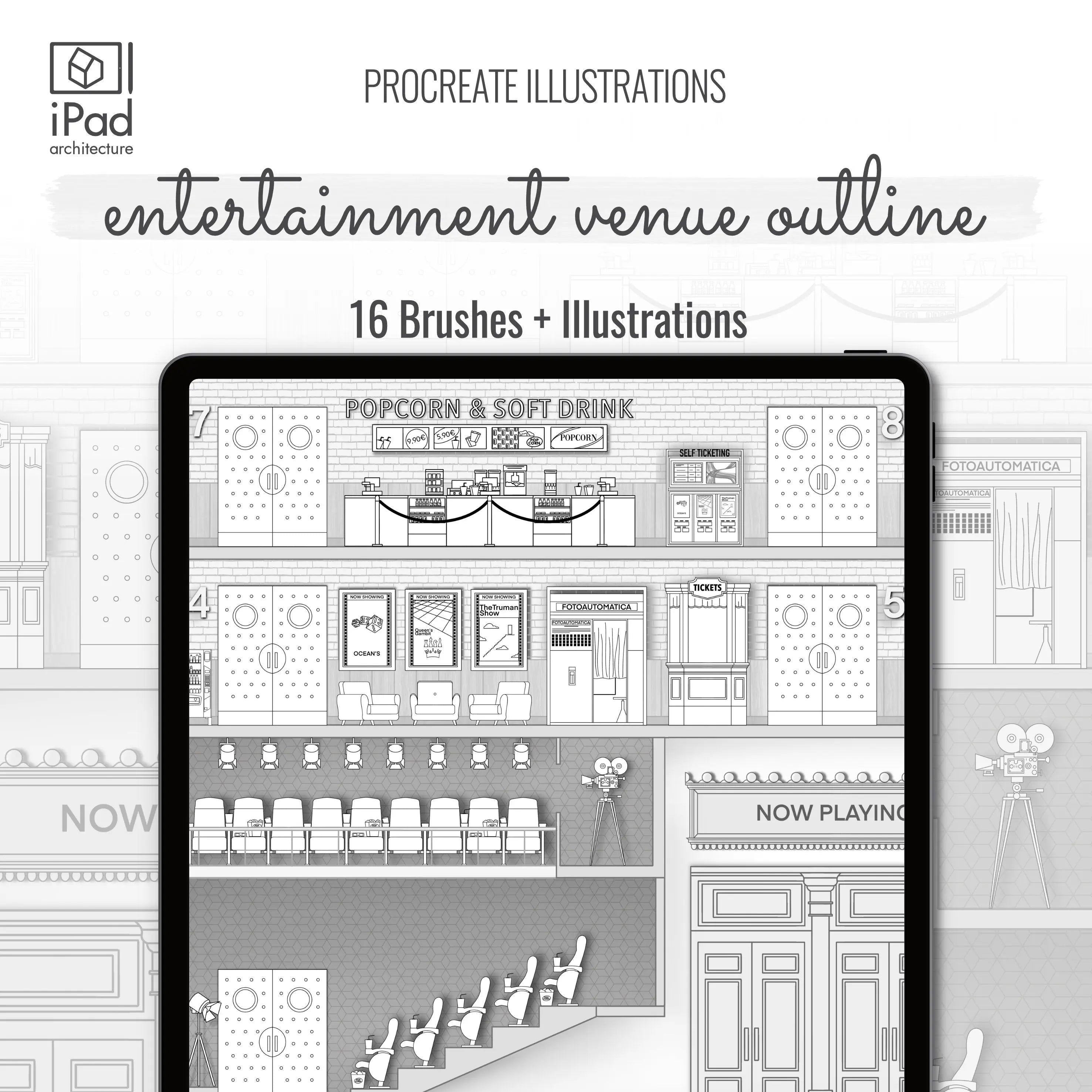 Procreate Outline Entertainment Venue Furniture Brushset & Illustratio ...