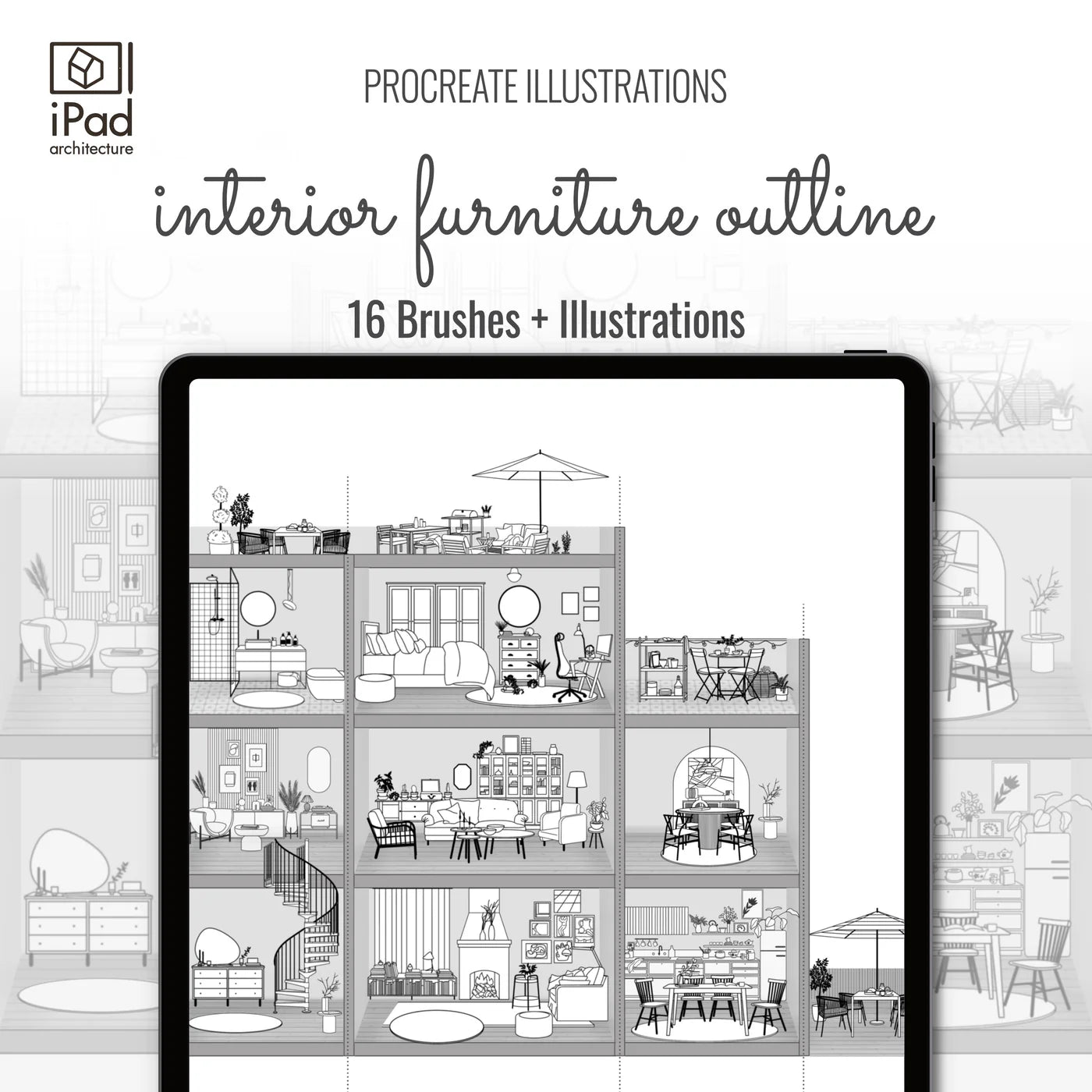 Procreate Illustrations Outline Furniture Bundle PNG - Toffu Co