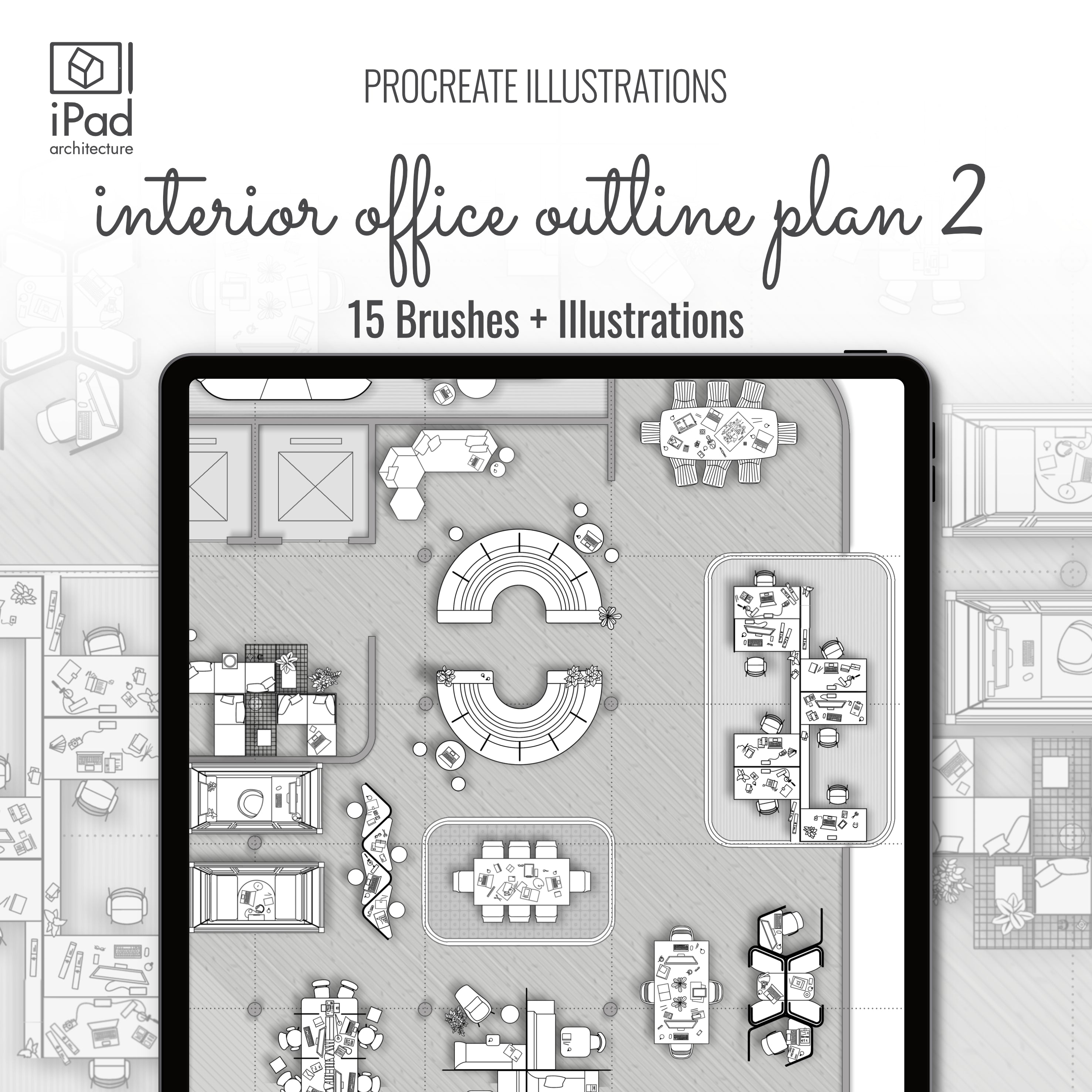 Procreate Outline Office Furniture Plan Brushset & Illustrations 2 PNG - Toffu Co