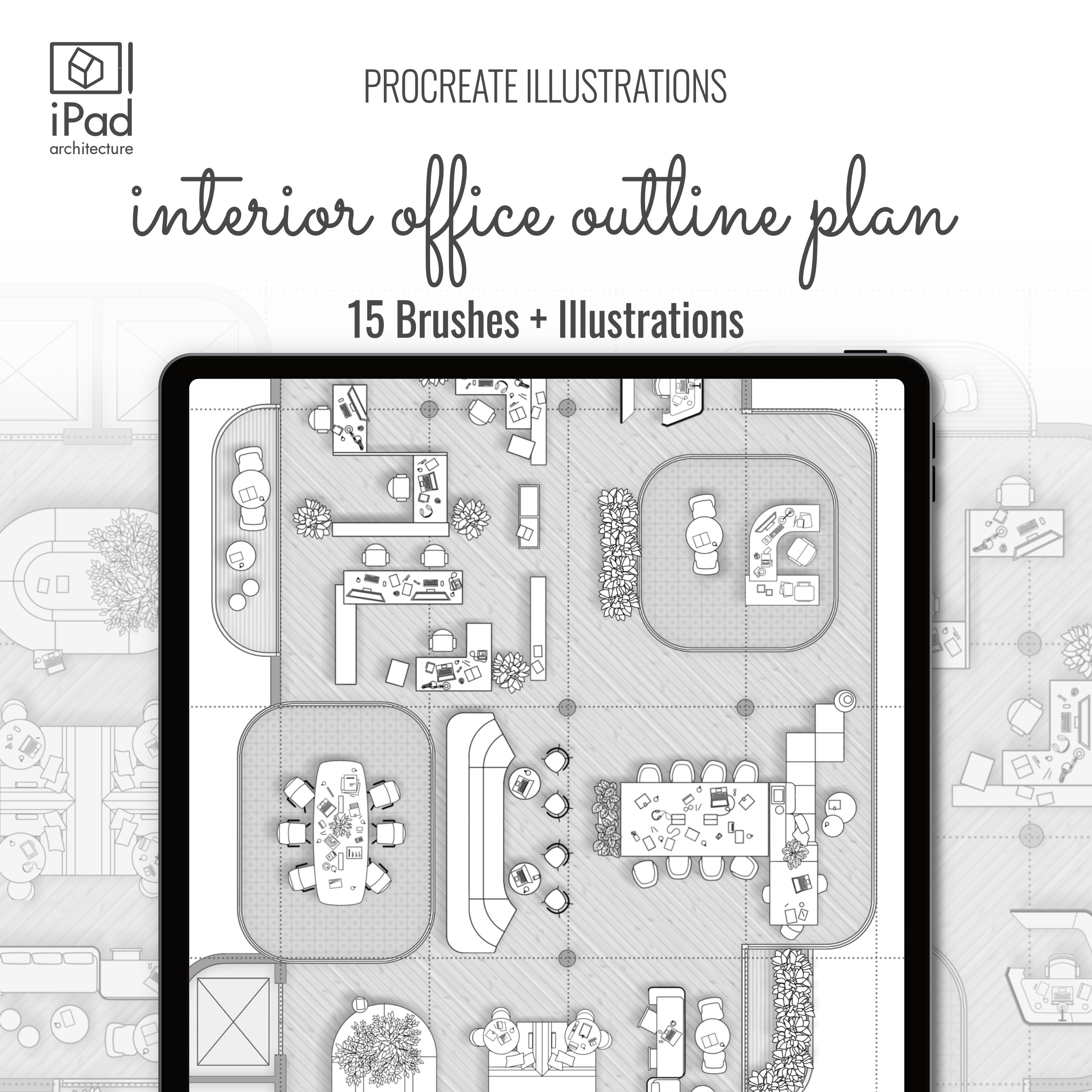 Procreate Outline Office Furniture Plan Brushset & Illustrations PNG - Toffu Co