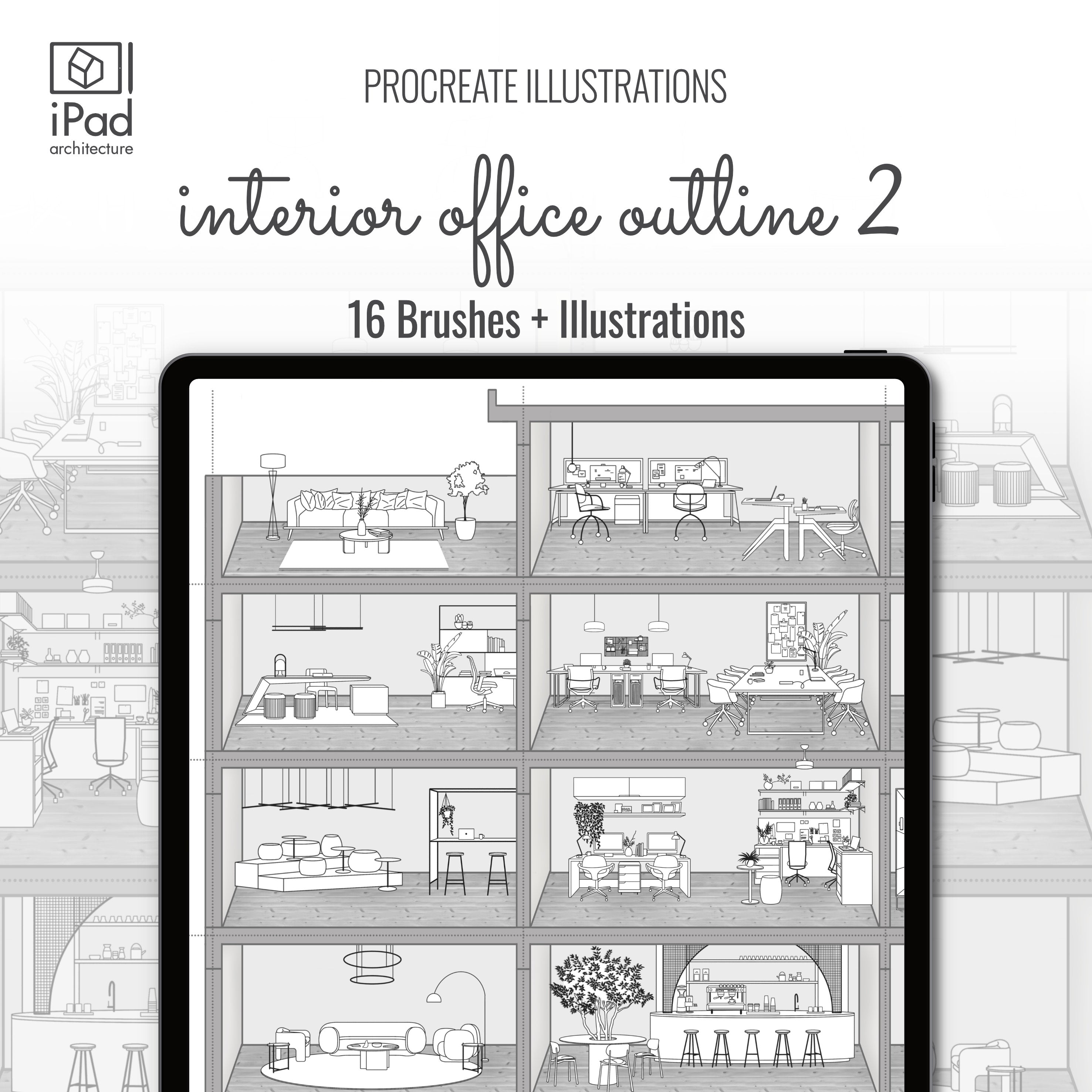 Procreate Outline Office Furniture Brushset & Illustrations 2 PNG - Toffu Co