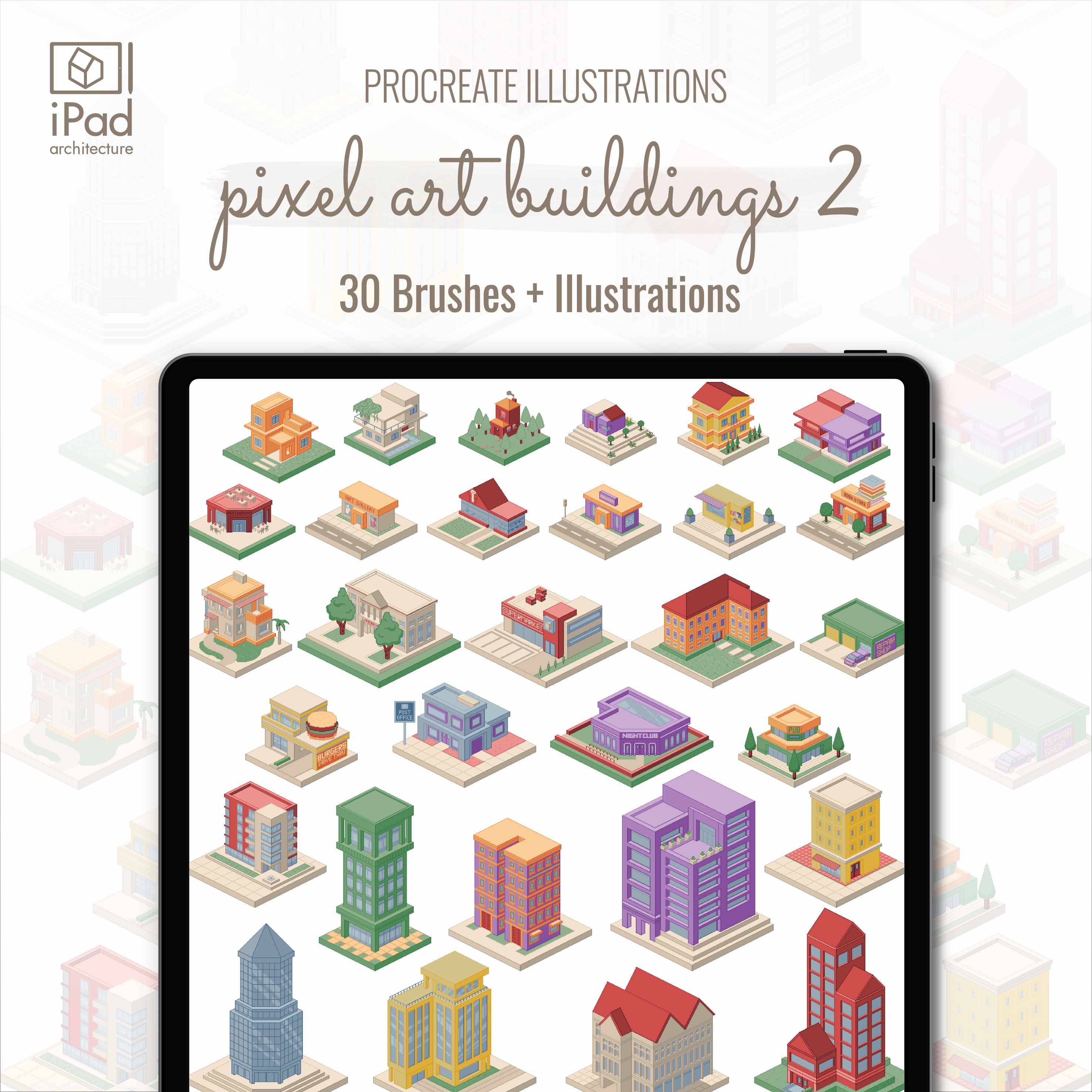 Procreate Pixel Art Buildings Brushset & Illustrations 2 PNG - Toffu Co