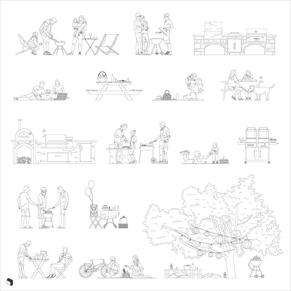 Cad Picnic & Barbecue People Digital Artwork drawings | Toffu Co