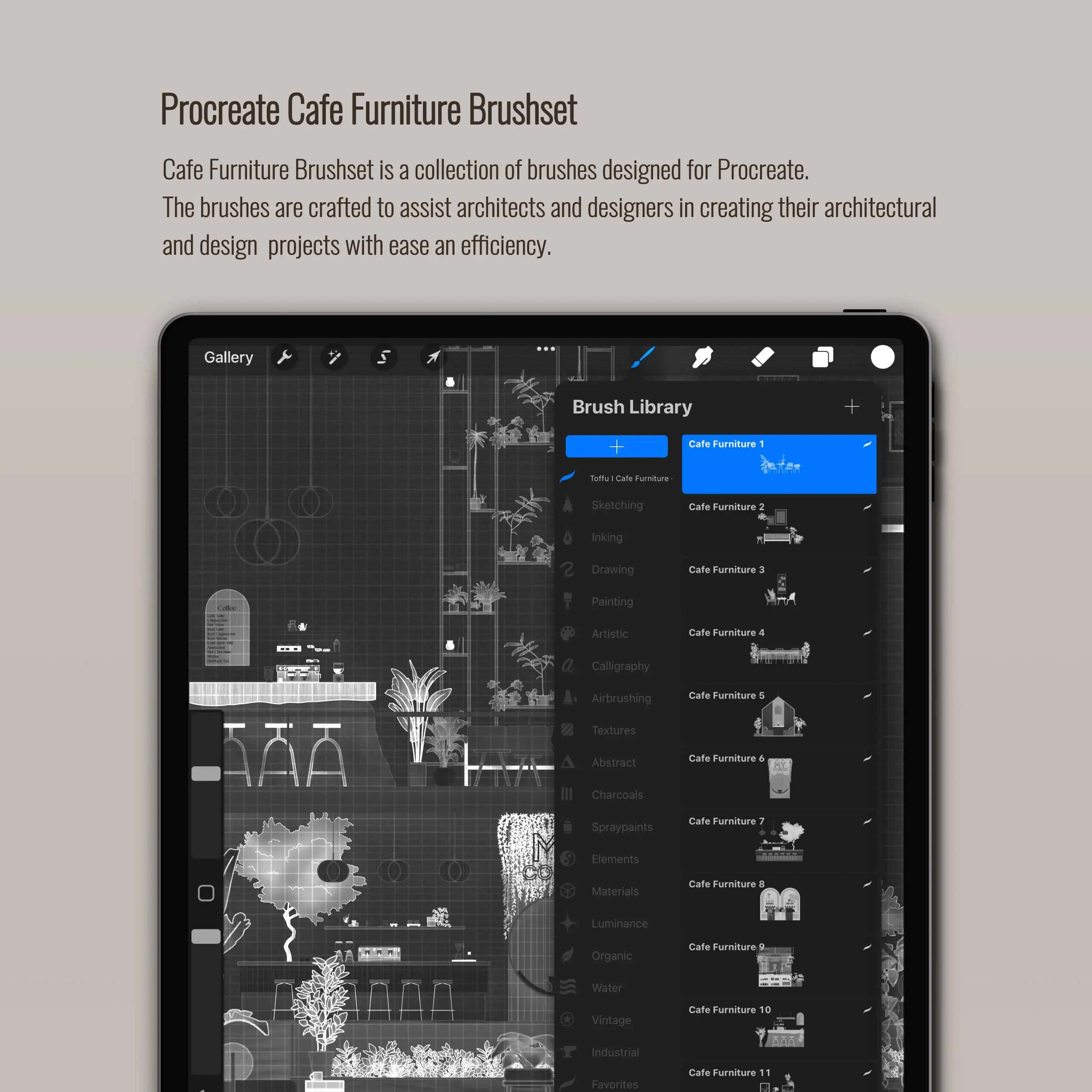 Procreate Cafe Furniture Brushset & Illustrations Digital Artwork drawings | Toffu Co