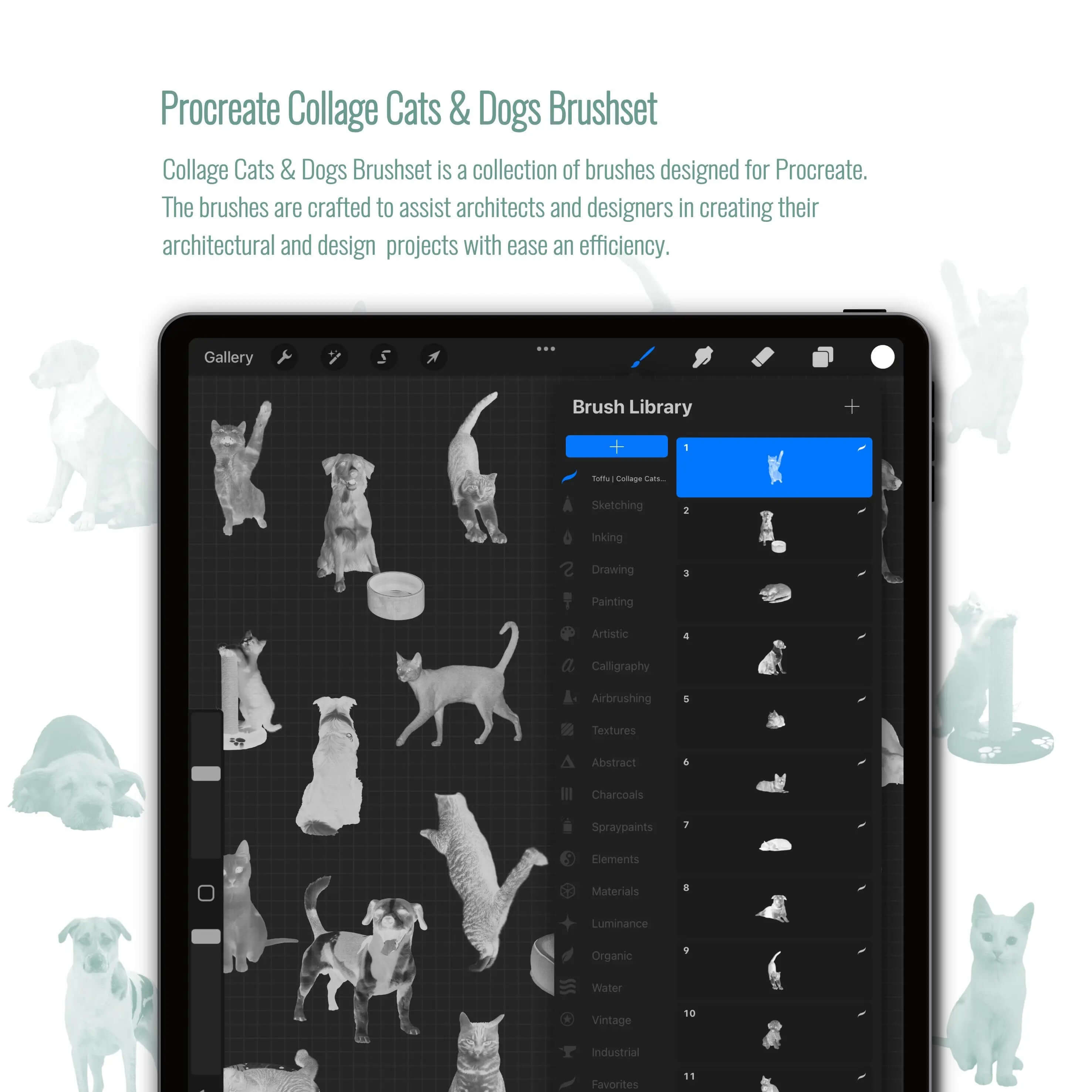 Procreate Collage Cats & Dogs Brushset Digital Artwork drawings | Toffu Co