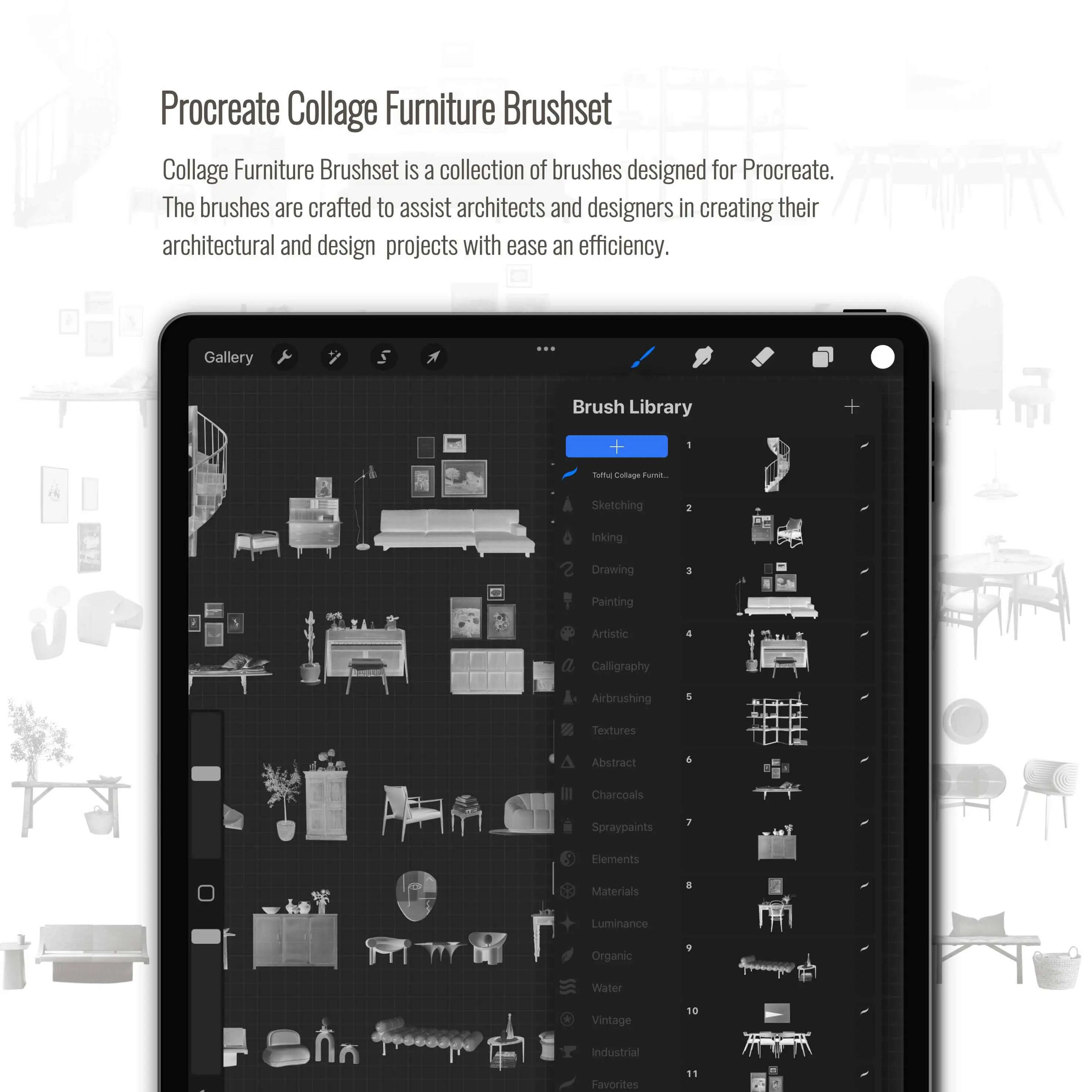 Procreate Collage Furniture Brushset Digital Artwork drawings | Toffu Co