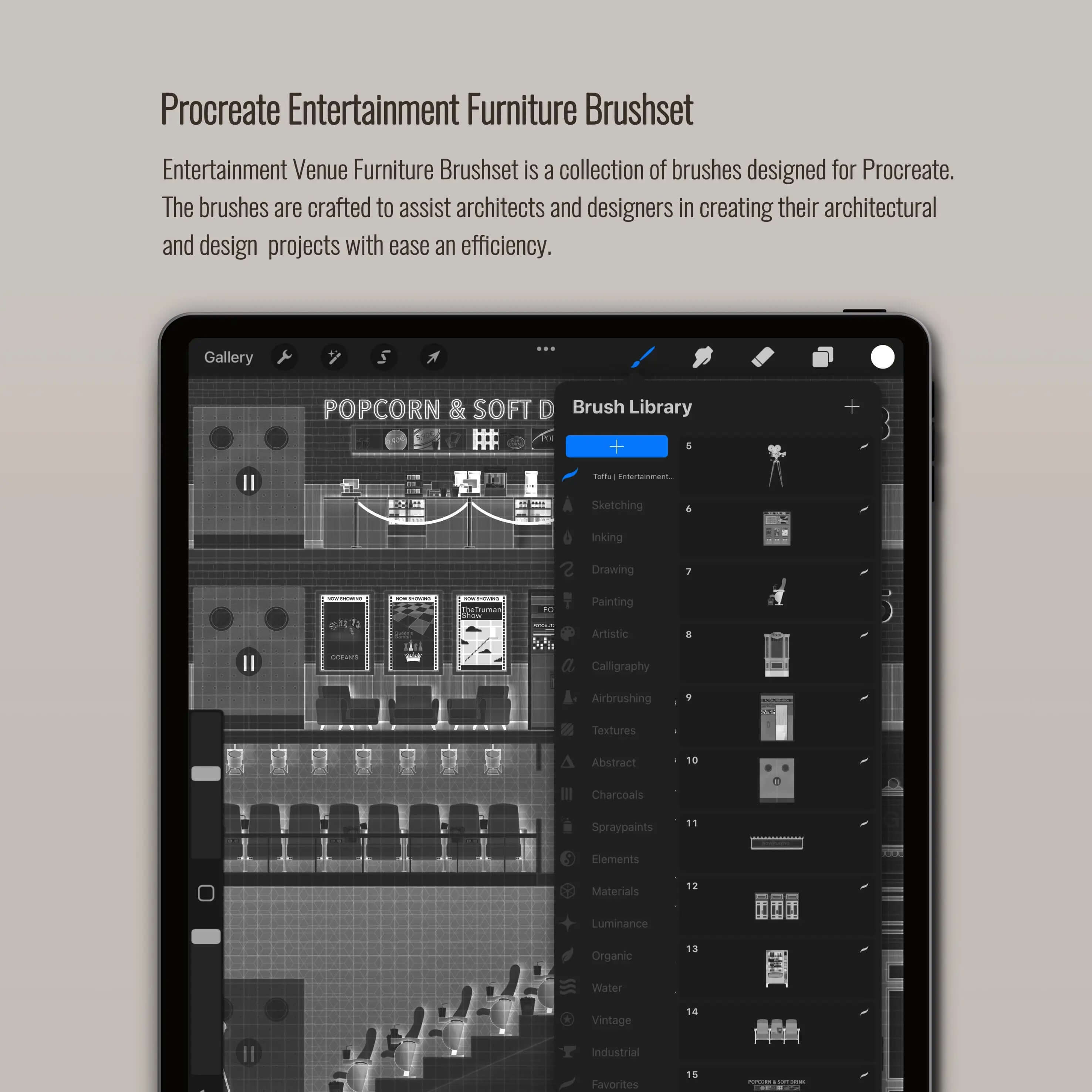 Procreate Entertainment Venue Furniture Brushset & Illustrations Digital Artwork drawings | Toffu Co