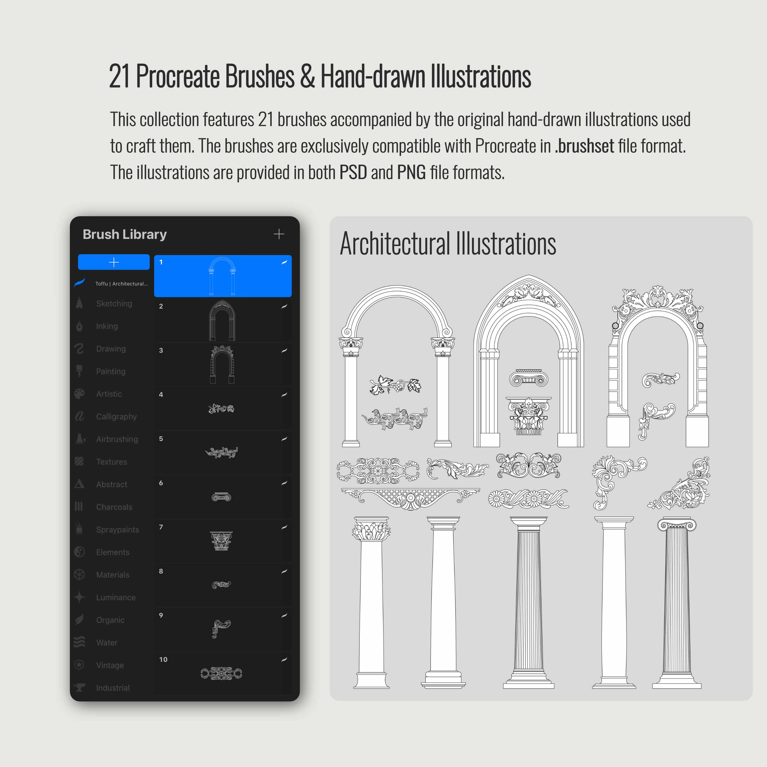 Free - Procreate Architectural Elements Brushset & Illustrations PNG - Toffu Co
