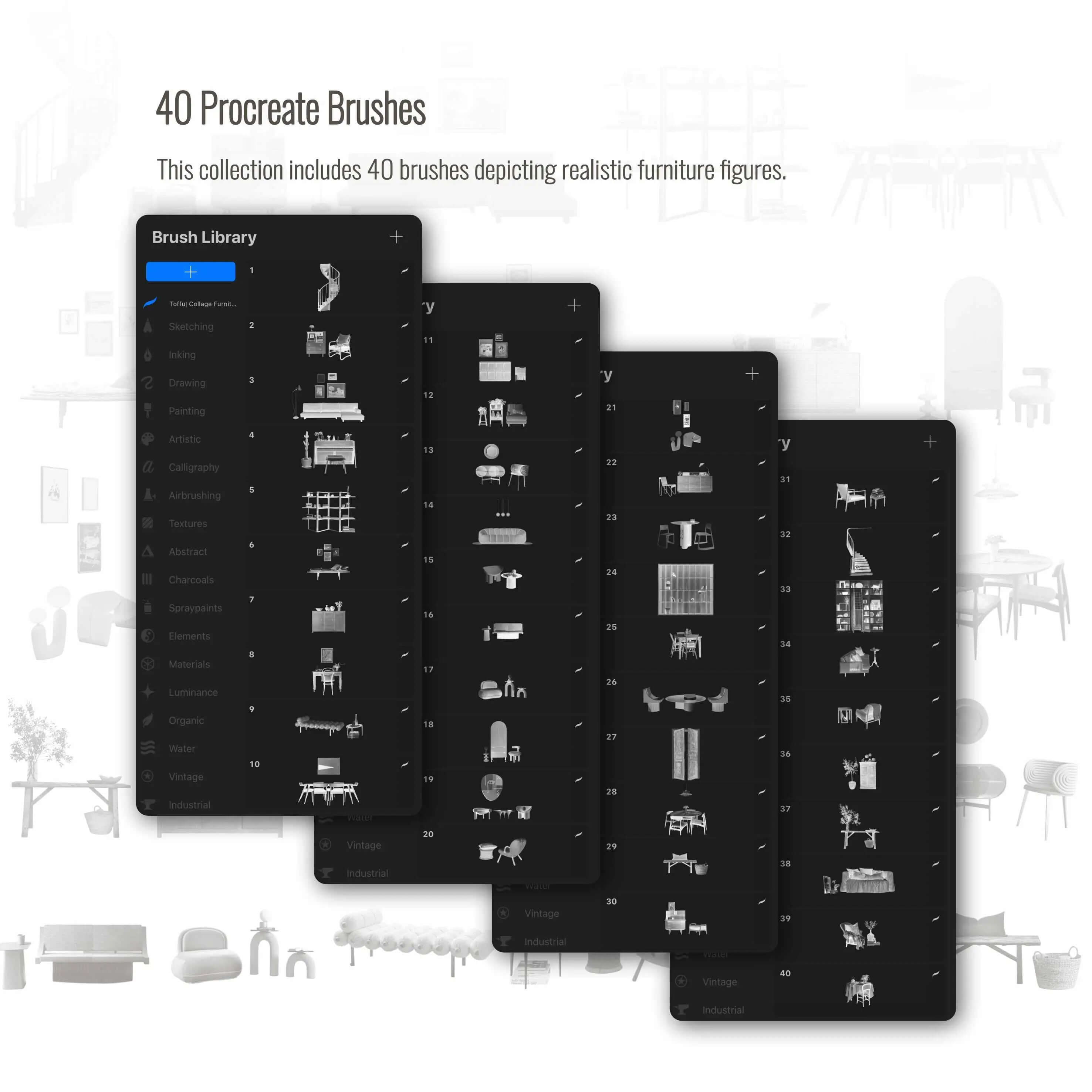 Procreate Collage Furniture Brushset Digital Artwork drawings | Toffu Co
