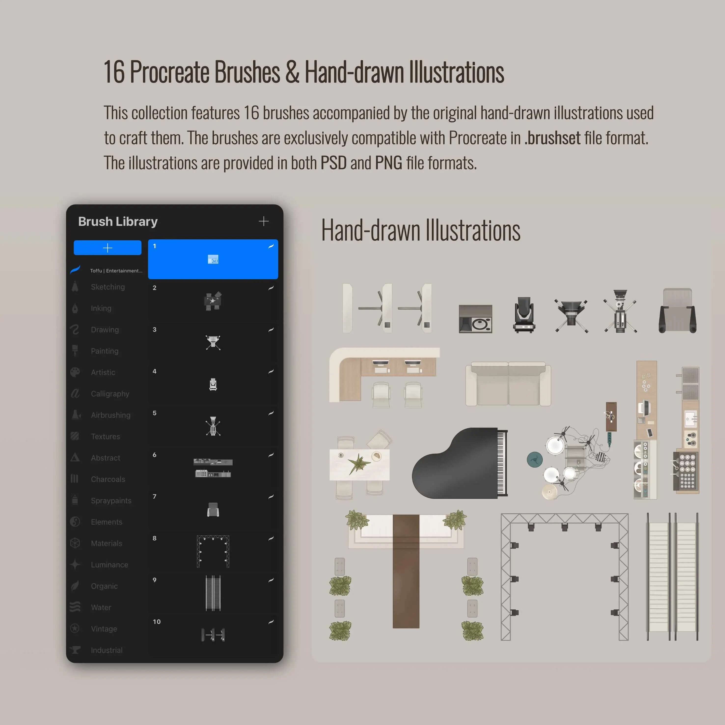 Procreate Entertainment Venue Furniture Plan View Brushset & Illustrations Digital Artwork drawings | Toffu Co