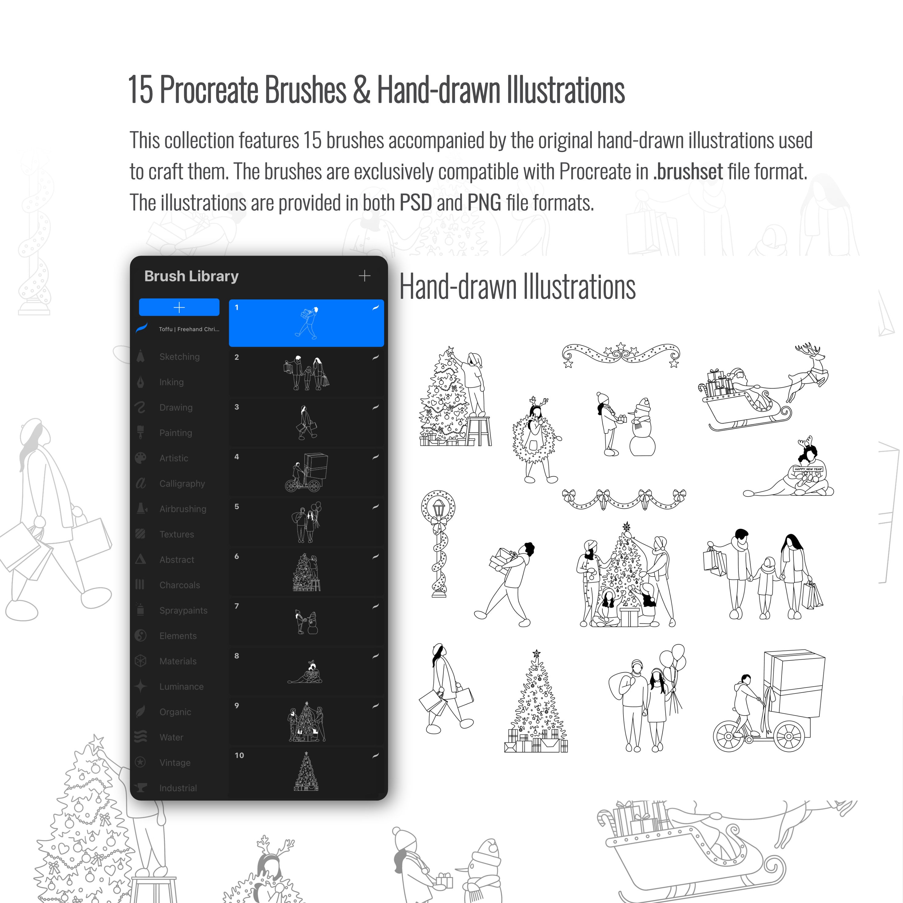 Free - Procreate Freehand Christmas Brushset & Illustrations PNG - Toffu Co