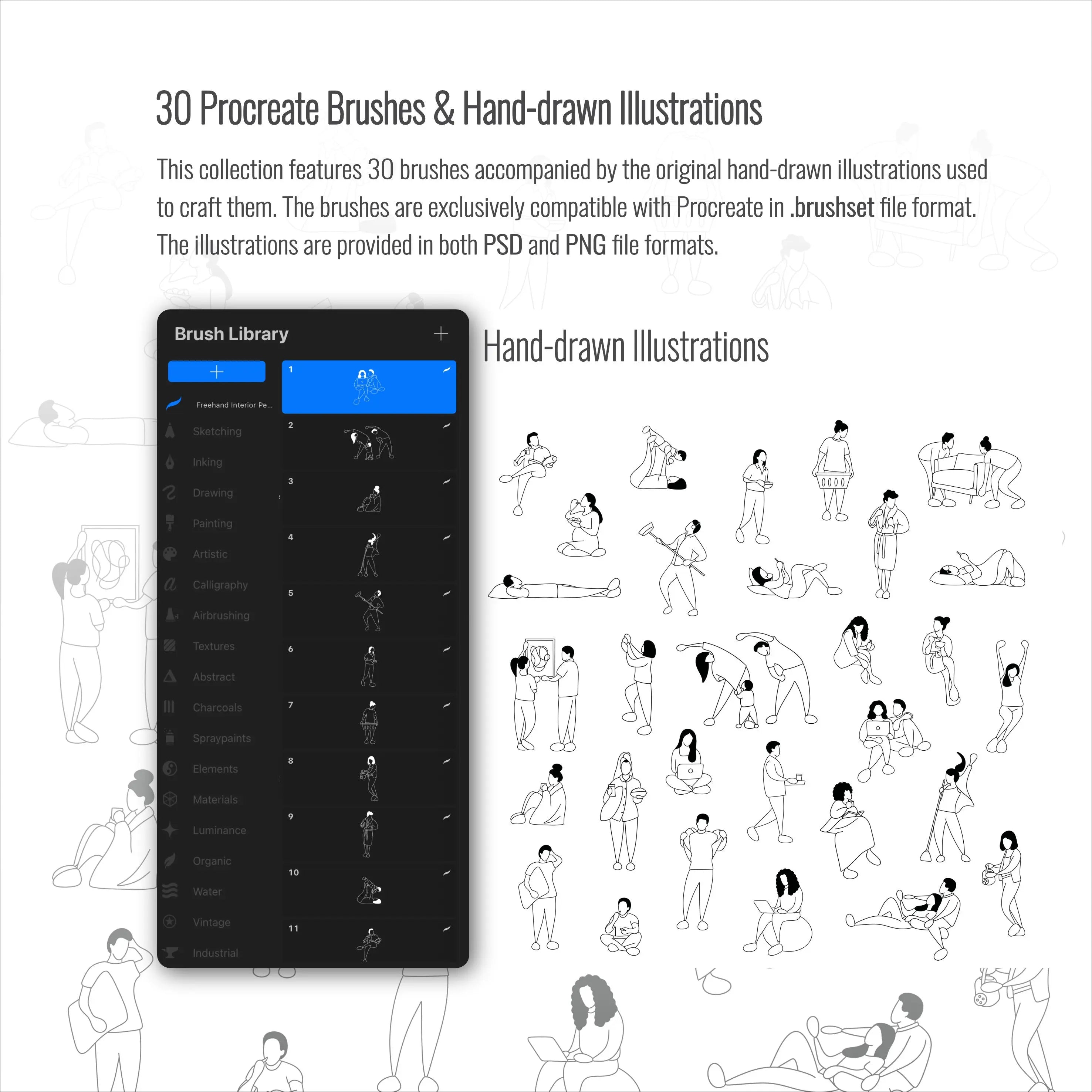 Procreate Freehand Indoor People Brushset & Illustrations Digital Artwork drawings | Toffu Co
