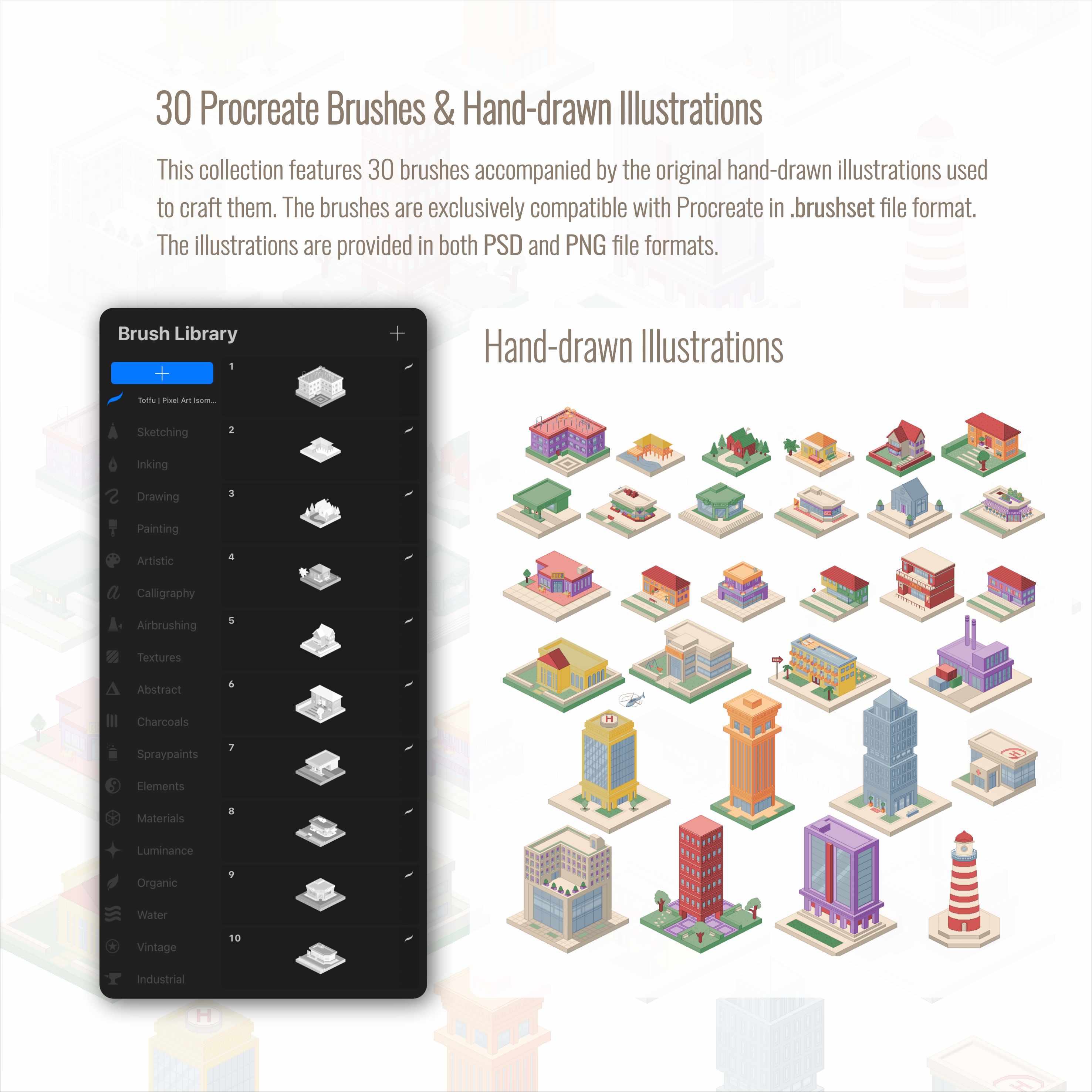 Procreate Pixel Art Buildings Brushset & Illustrations PNG - Toffu Co