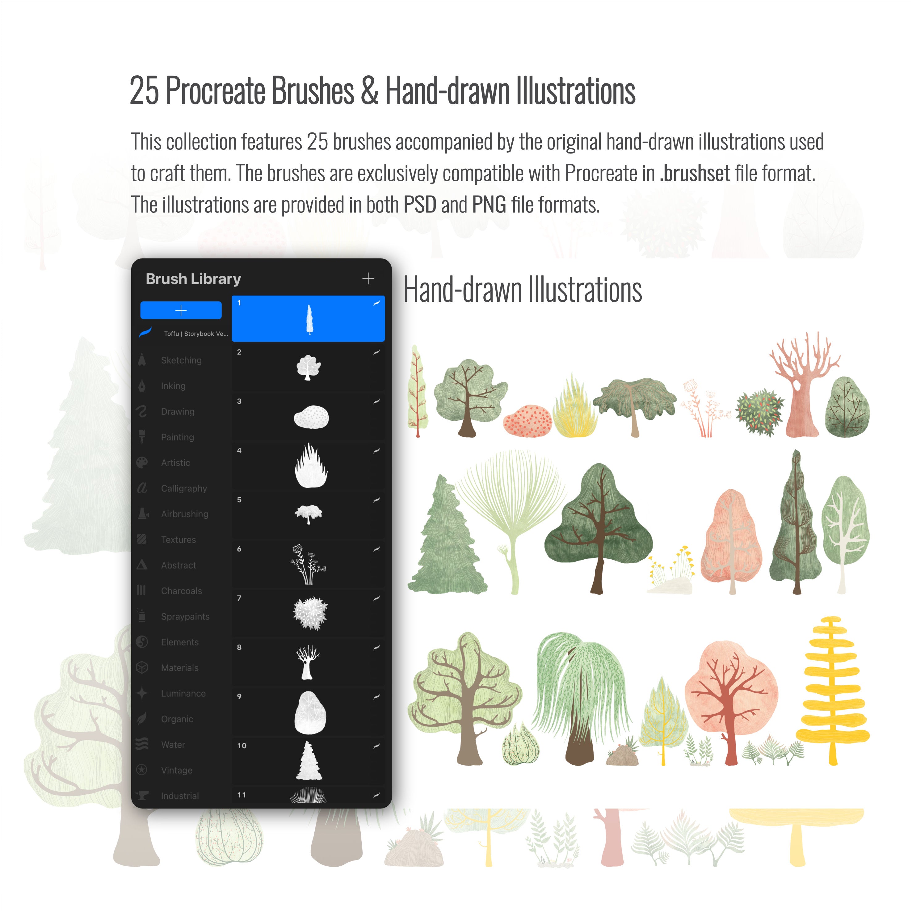 Procreate Storybook Vegetation Brushset & Illustrations PNG - Toffu Co