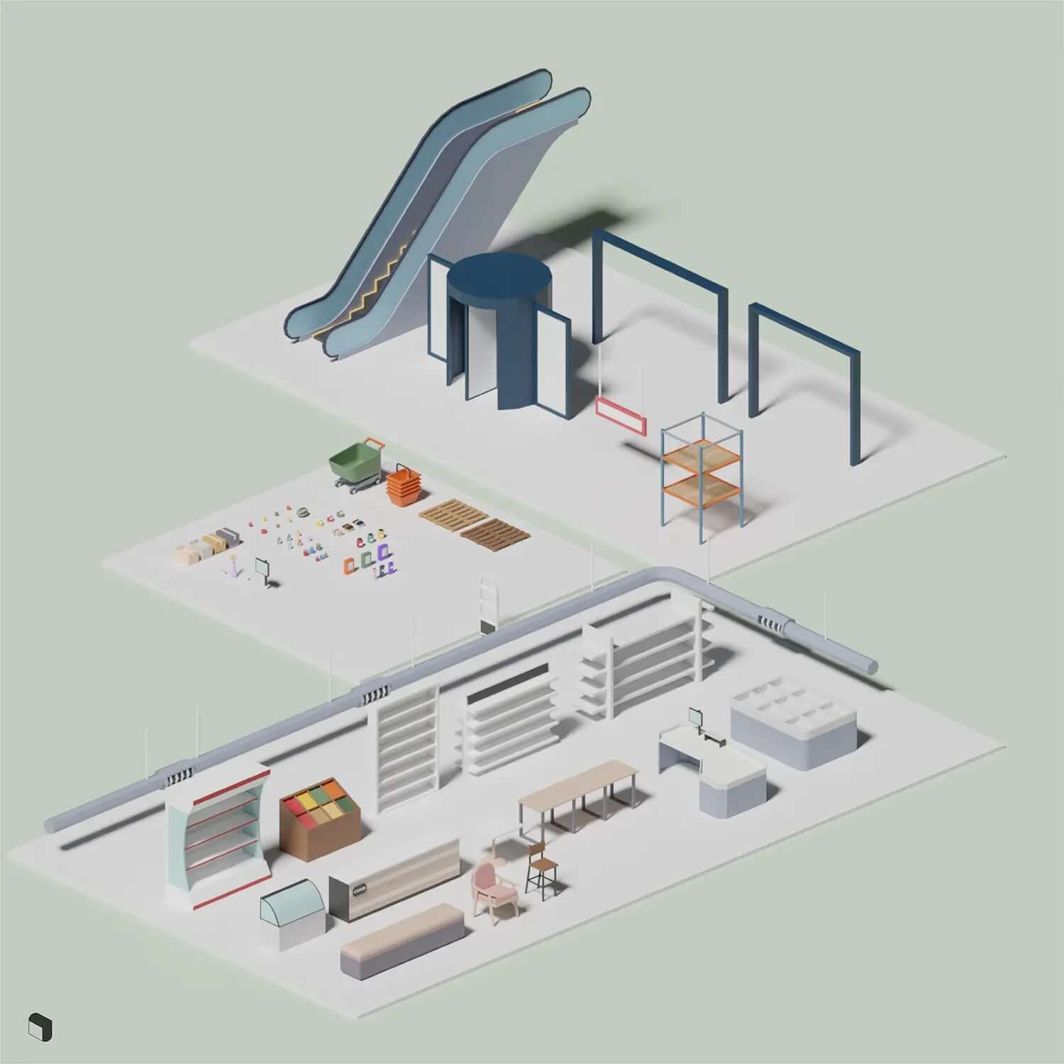 3D Model Low Poly Shopping Mall Digital Artwork drawings | Toffu Co