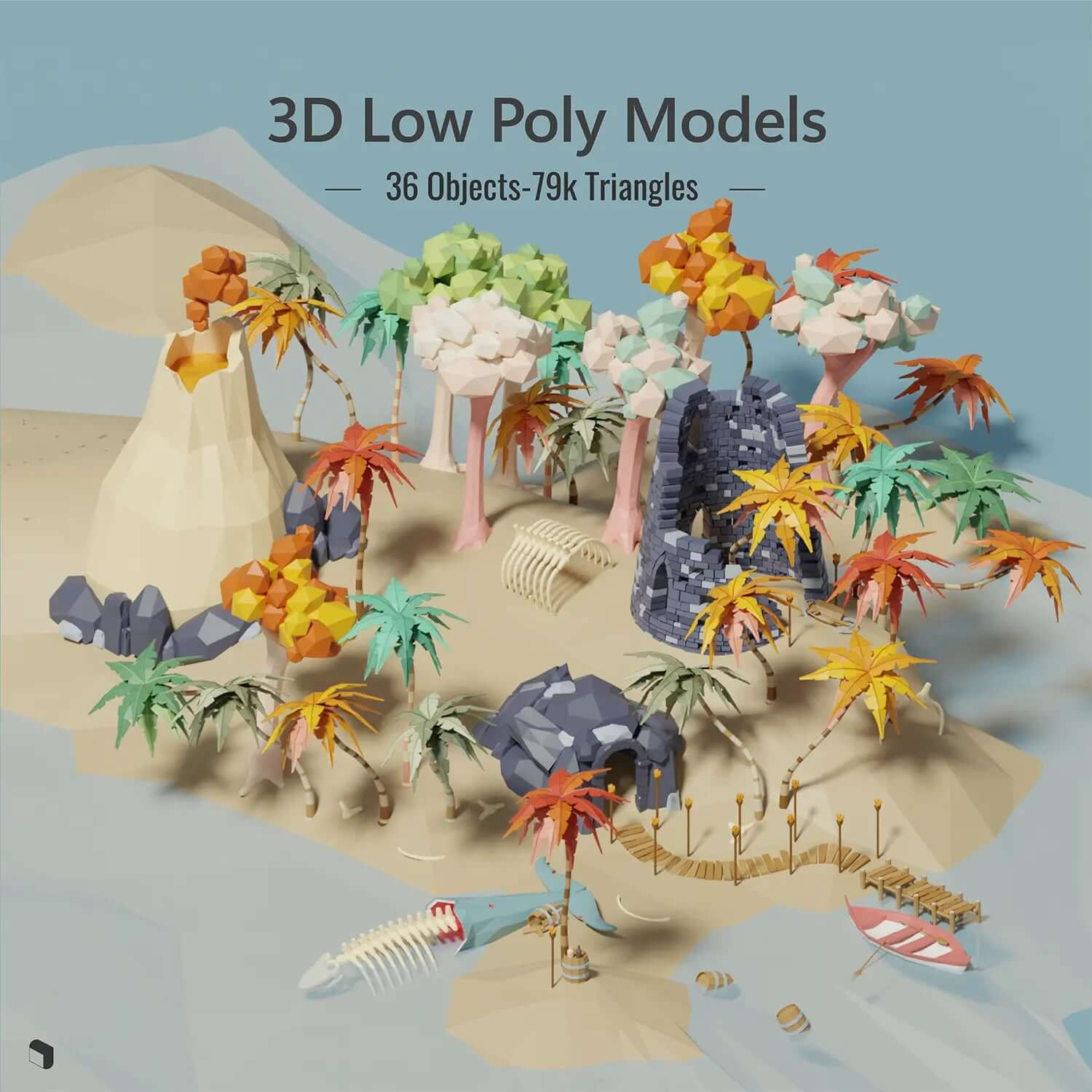 3D Model Low Poly Tropical Jungle Pack Digital Artwork drawings | Toffu Co