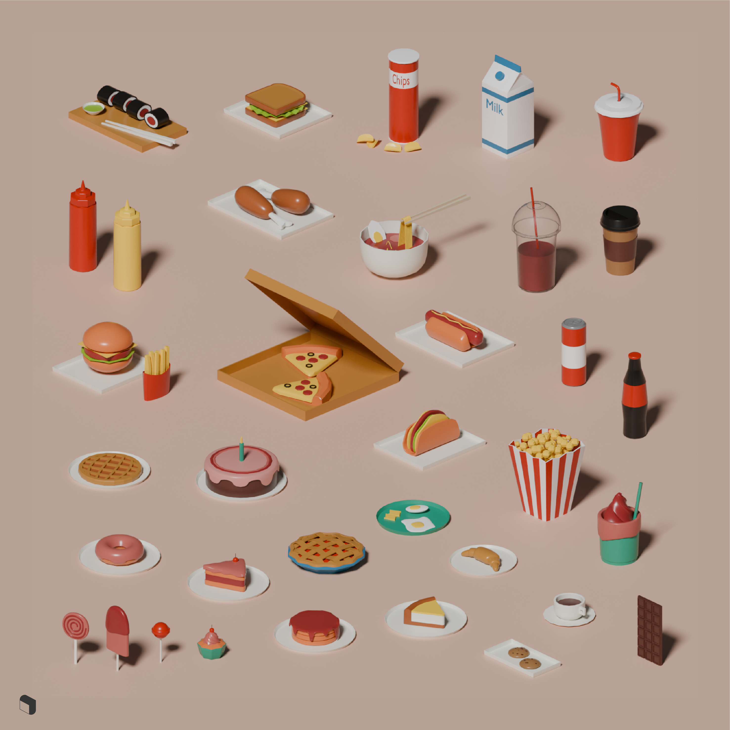 3D Model Low Poly Fast Food & Drinks PNG - Toffu Co