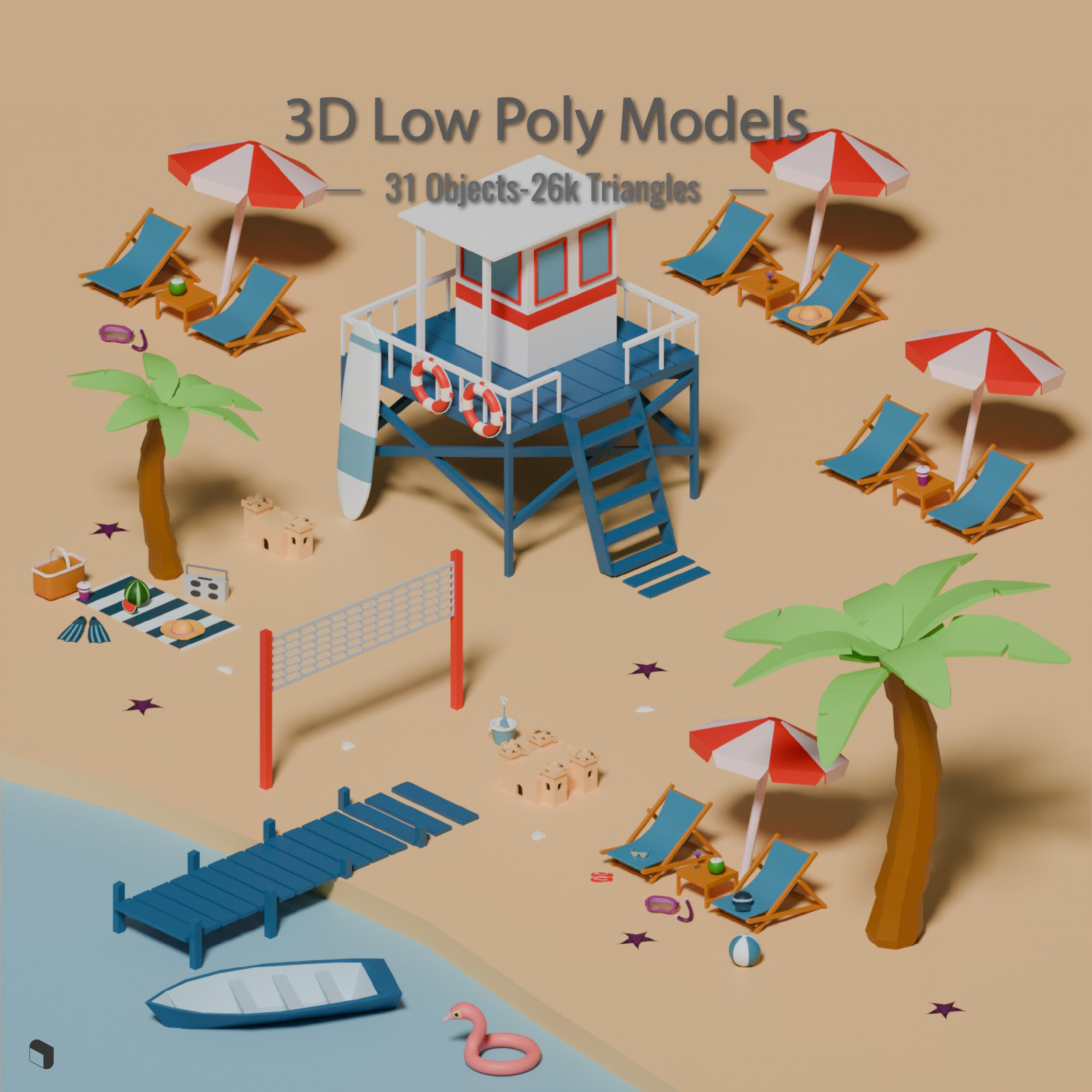 3D Model Low Poly Beach 2 PNG - Toffu Co