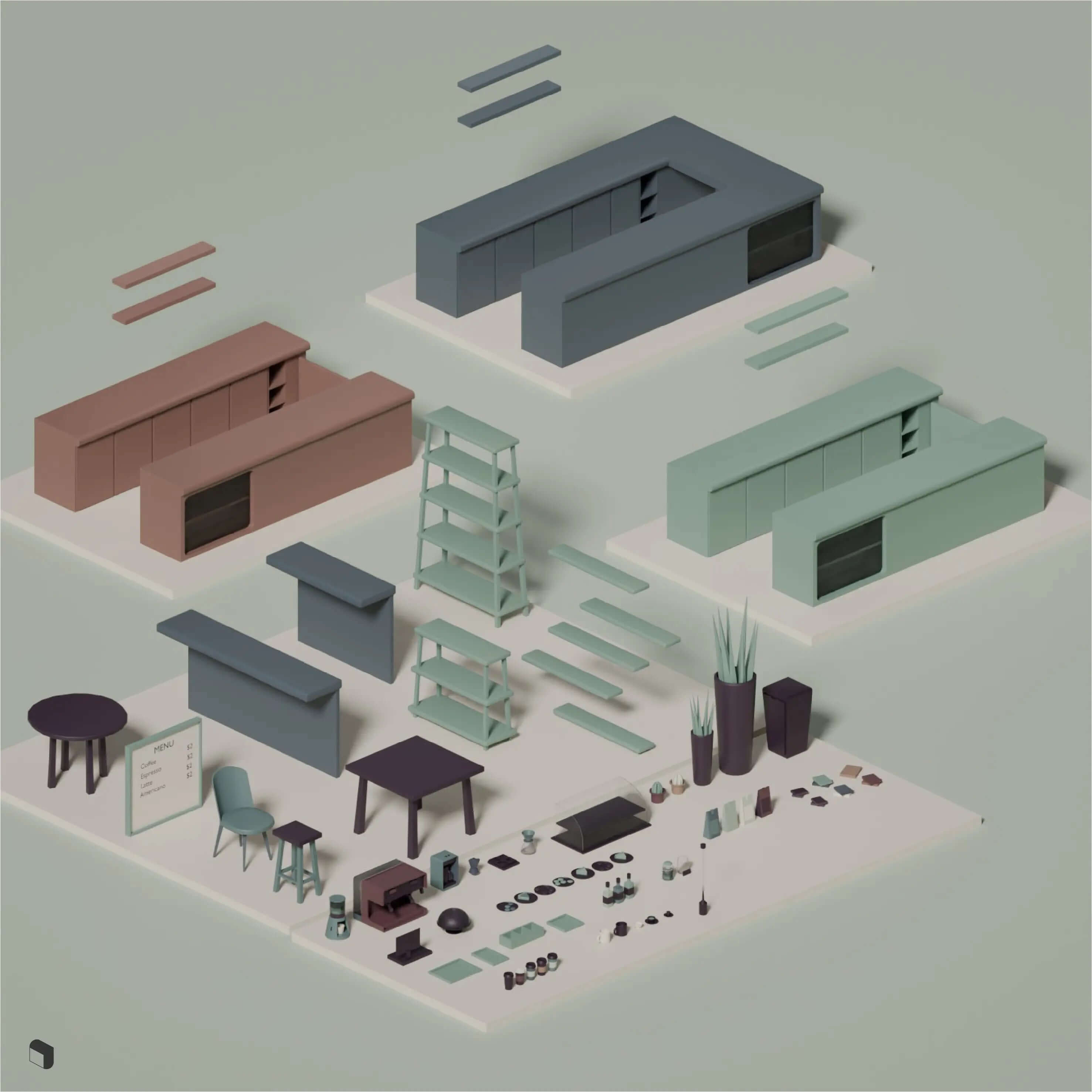3D Model Low Poly Coffee Shop Setups Digital Artwork drawings | Toffu Co