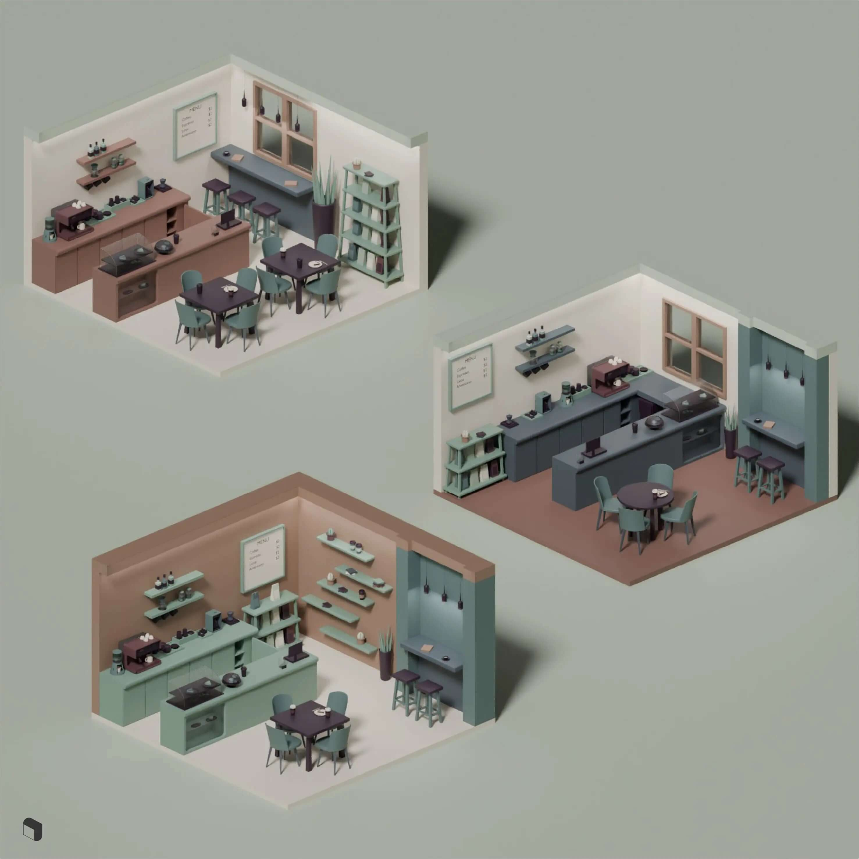 3D Model Low Poly Coffee Shop Setups Digital Artwork drawings | Toffu Co