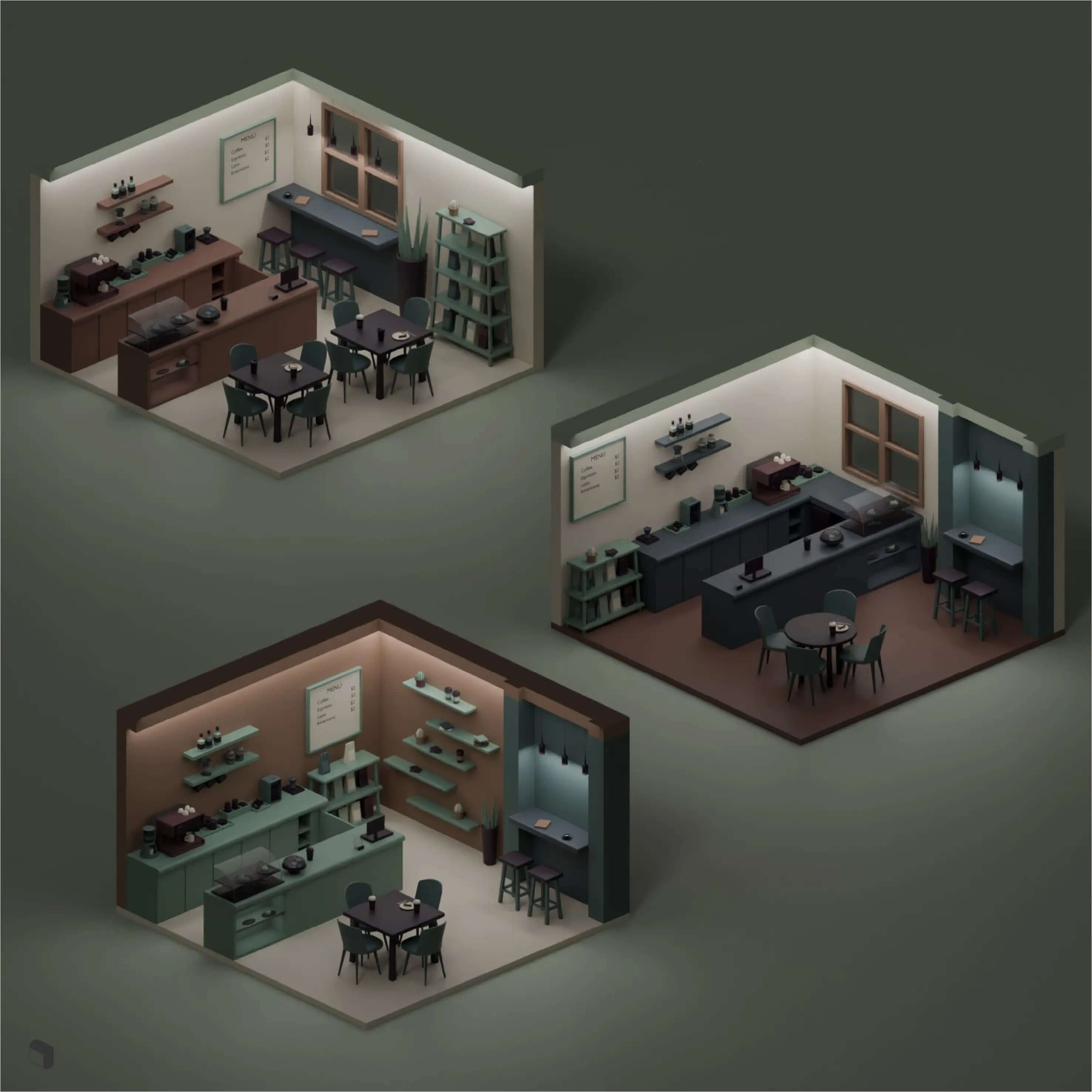 3D Model Low Poly Coffee Shop Setups Digital Artwork drawings | Toffu Co