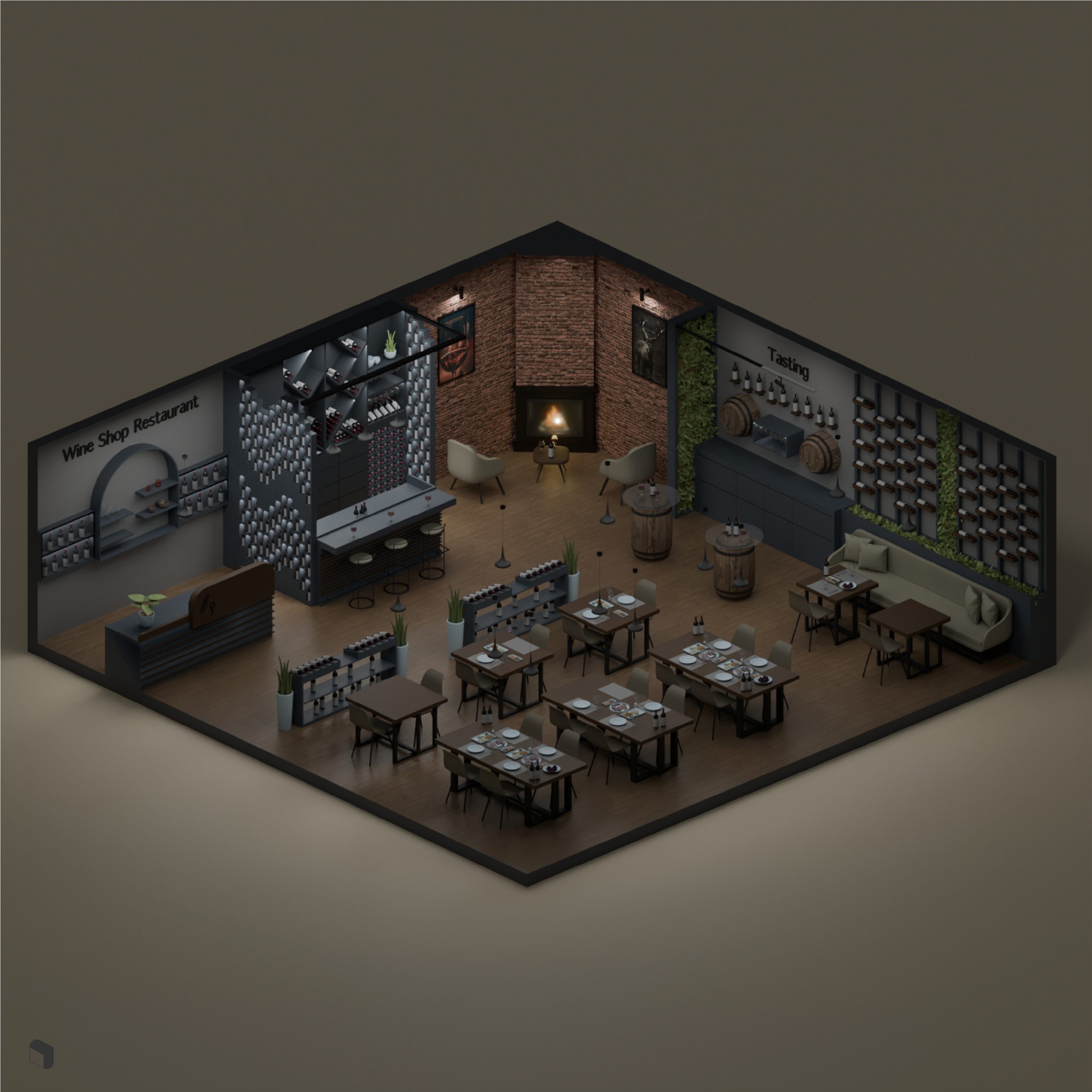 3D Model Wine Shop & Tasting Restaurant PNG - Toffu Co