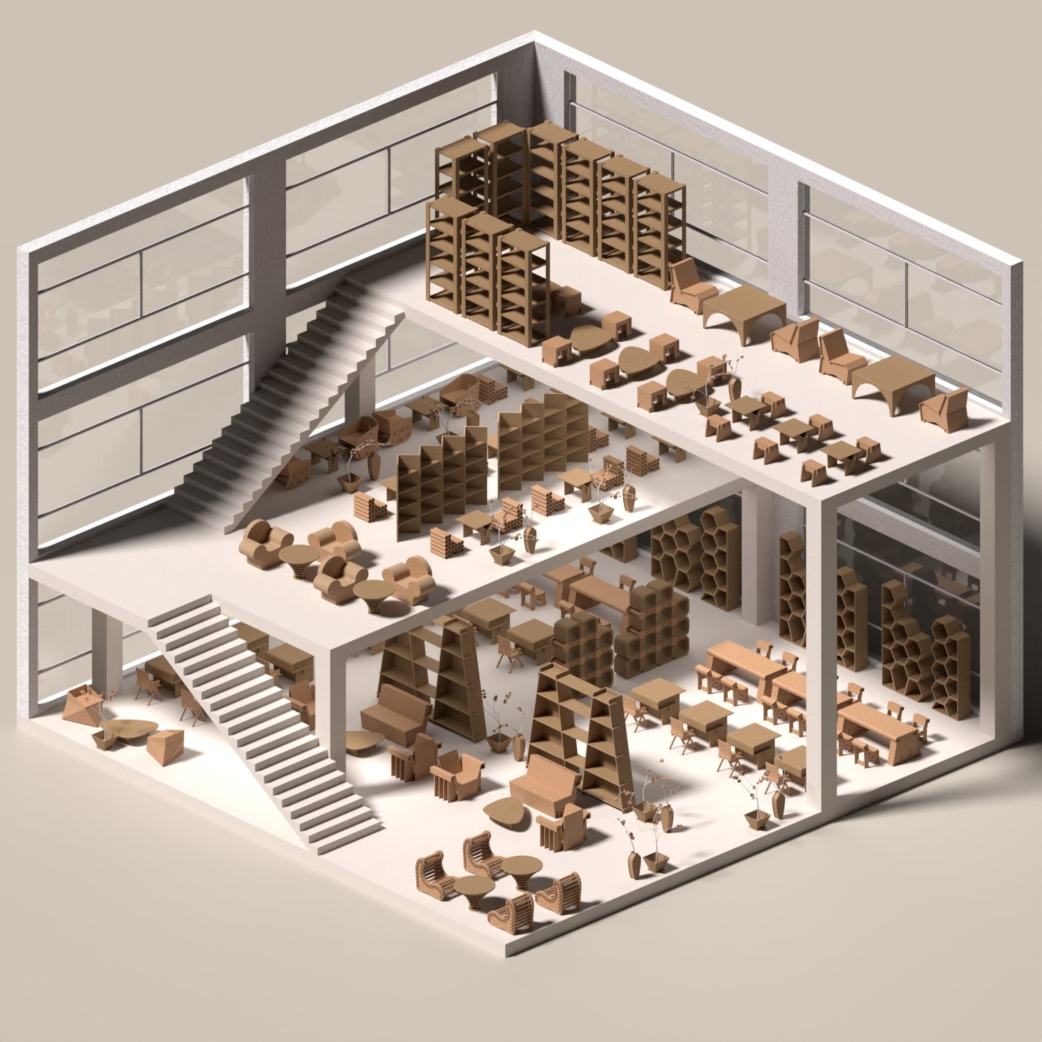 3D Model Cardboard Library PNG - Toffu Co