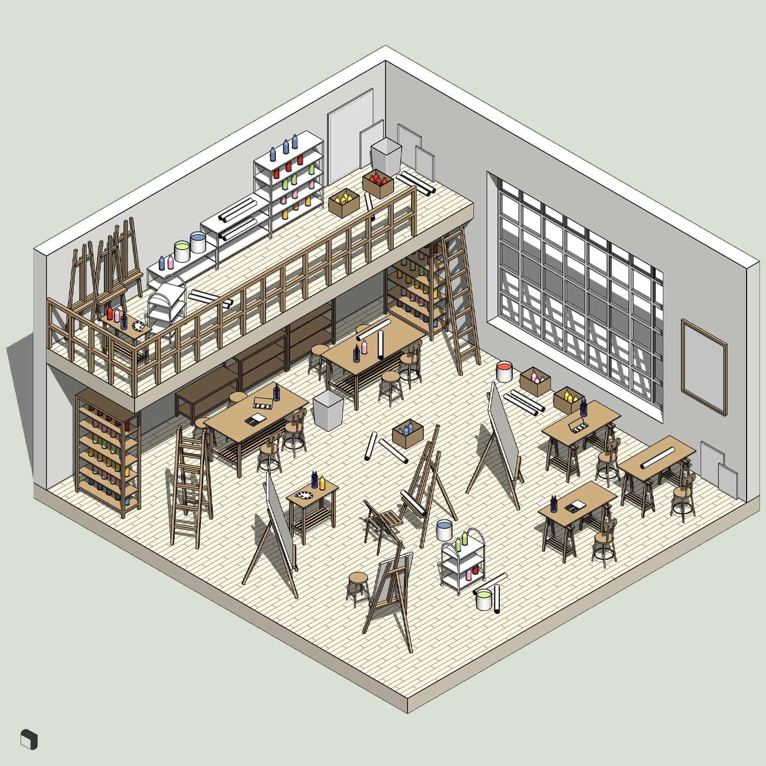 Pottery Studio Layout Plan 3D Model Revit Art Studio & Workshop