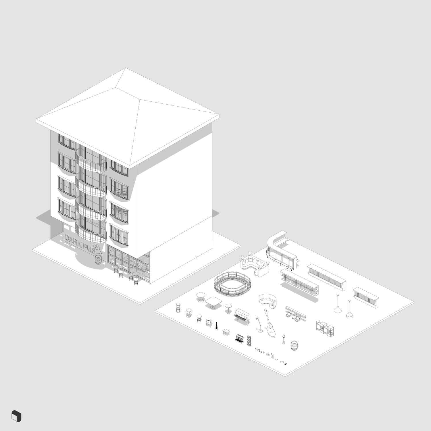 3D Model Revit Dark Pub Digital Artwork drawings | Toffu Co