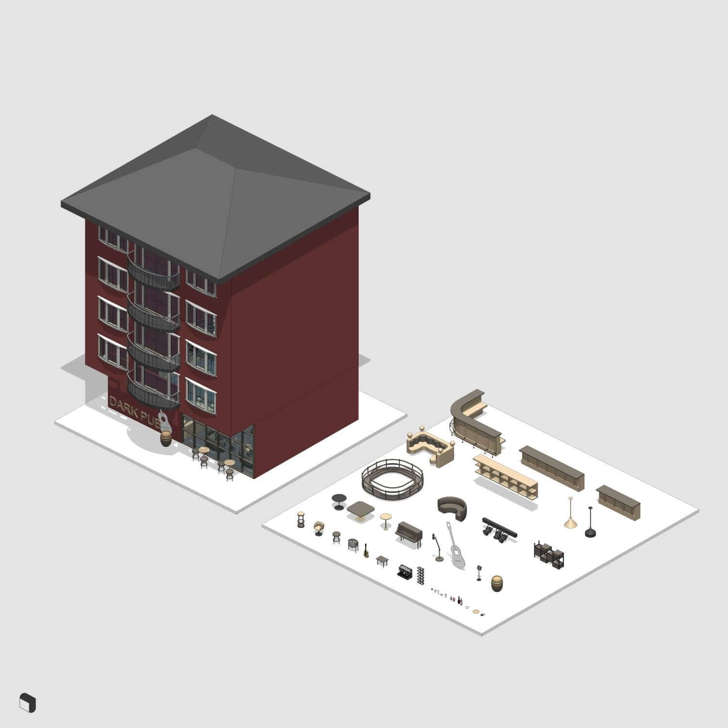 3D Model Revit Dark Pub Digital Artwork drawings | Toffu Co