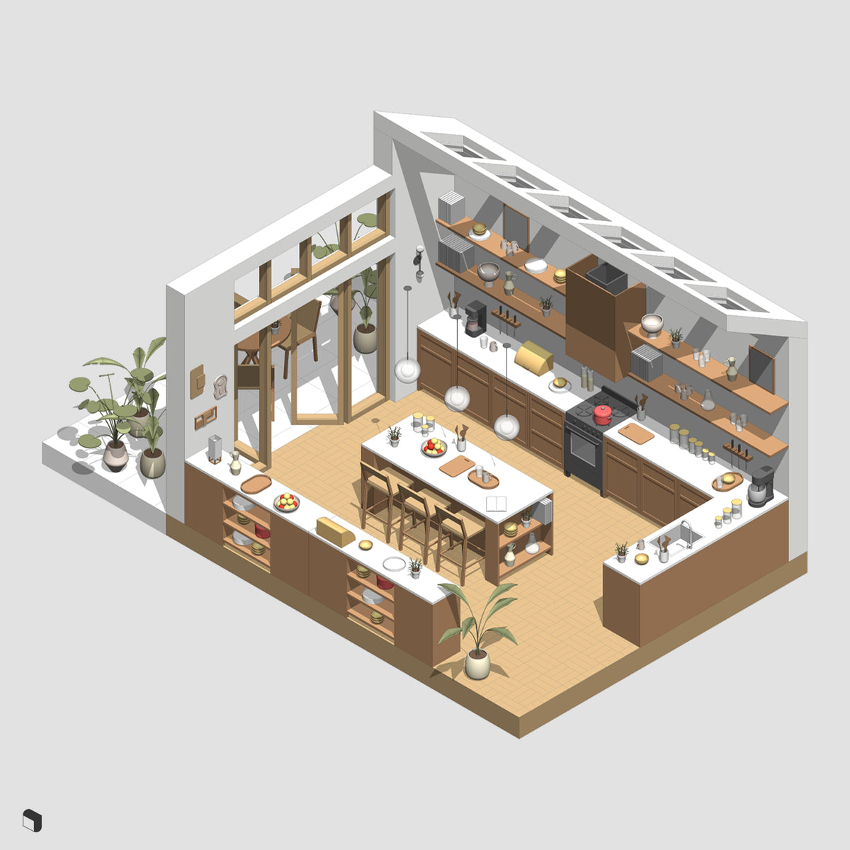 Mid-century Modern Kitchen Revit 3D Model | BIM Asset | Toffu Co