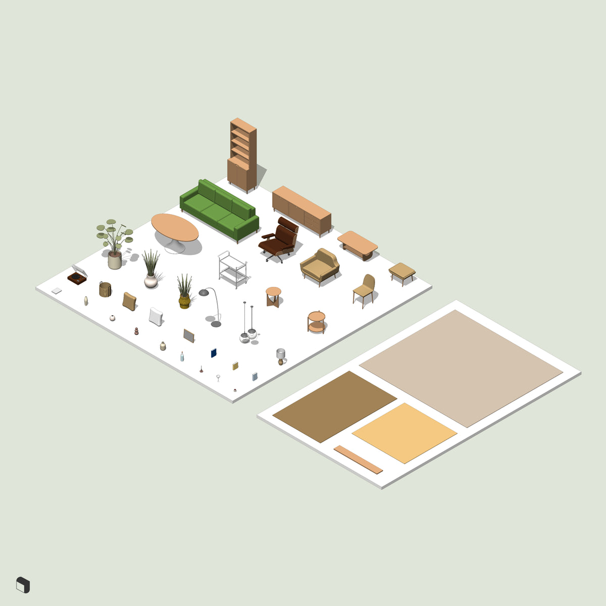 Mid-century Modern Living Room Revit 3D Model | BIM Asset | Toffu Co