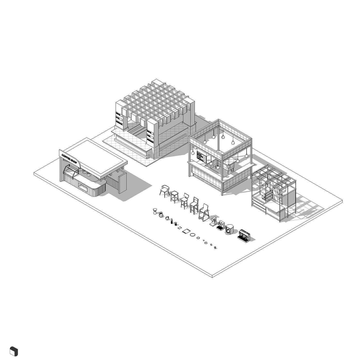 3D Model Revit Passage Coffee Kiosks Digital Artwork drawings | Toffu Co