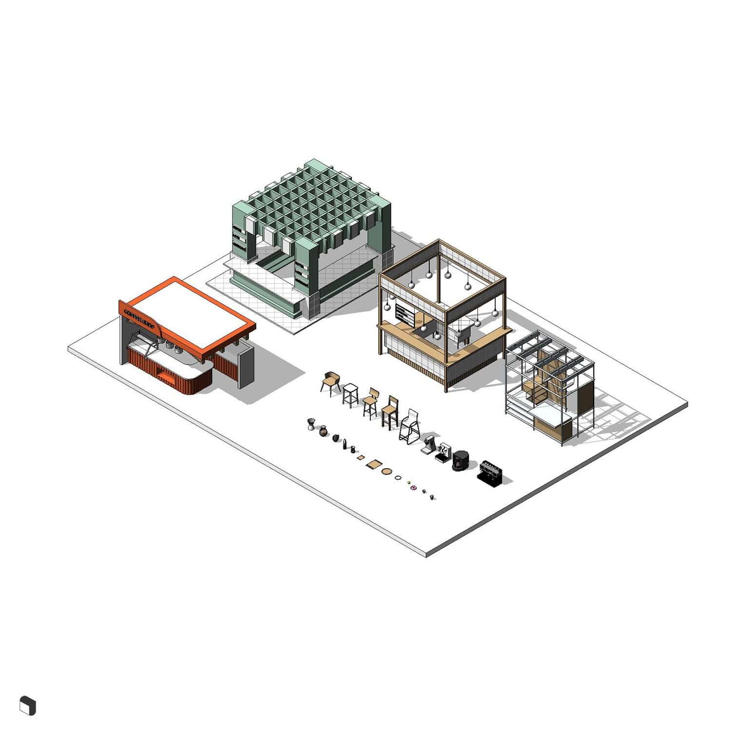 3D Model Revit Passage Coffee Kiosks Digital Artwork drawings | Toffu Co