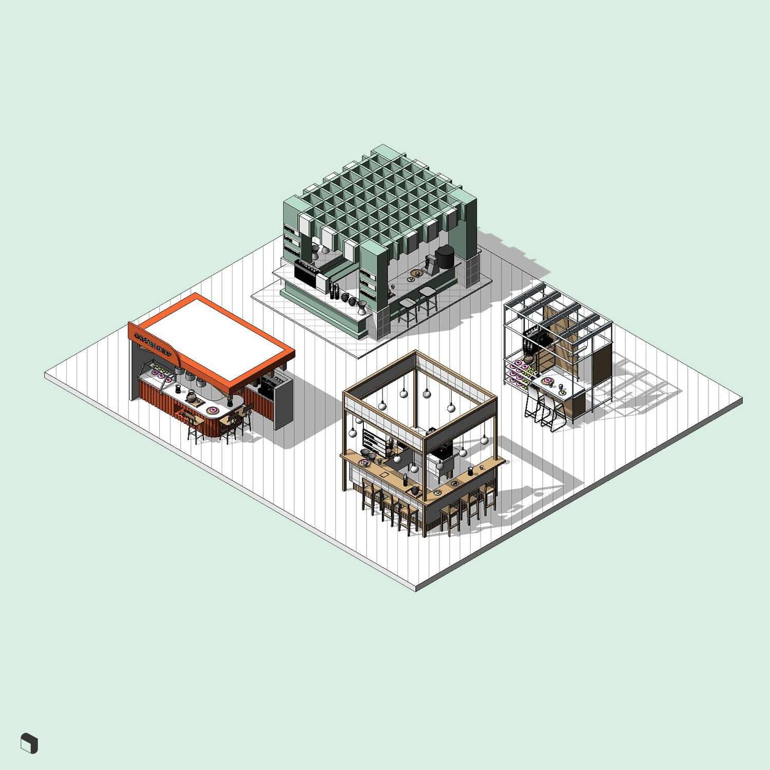 3D Model Revit Passage Coffee Kiosks Digital Artwork drawings | Toffu Co