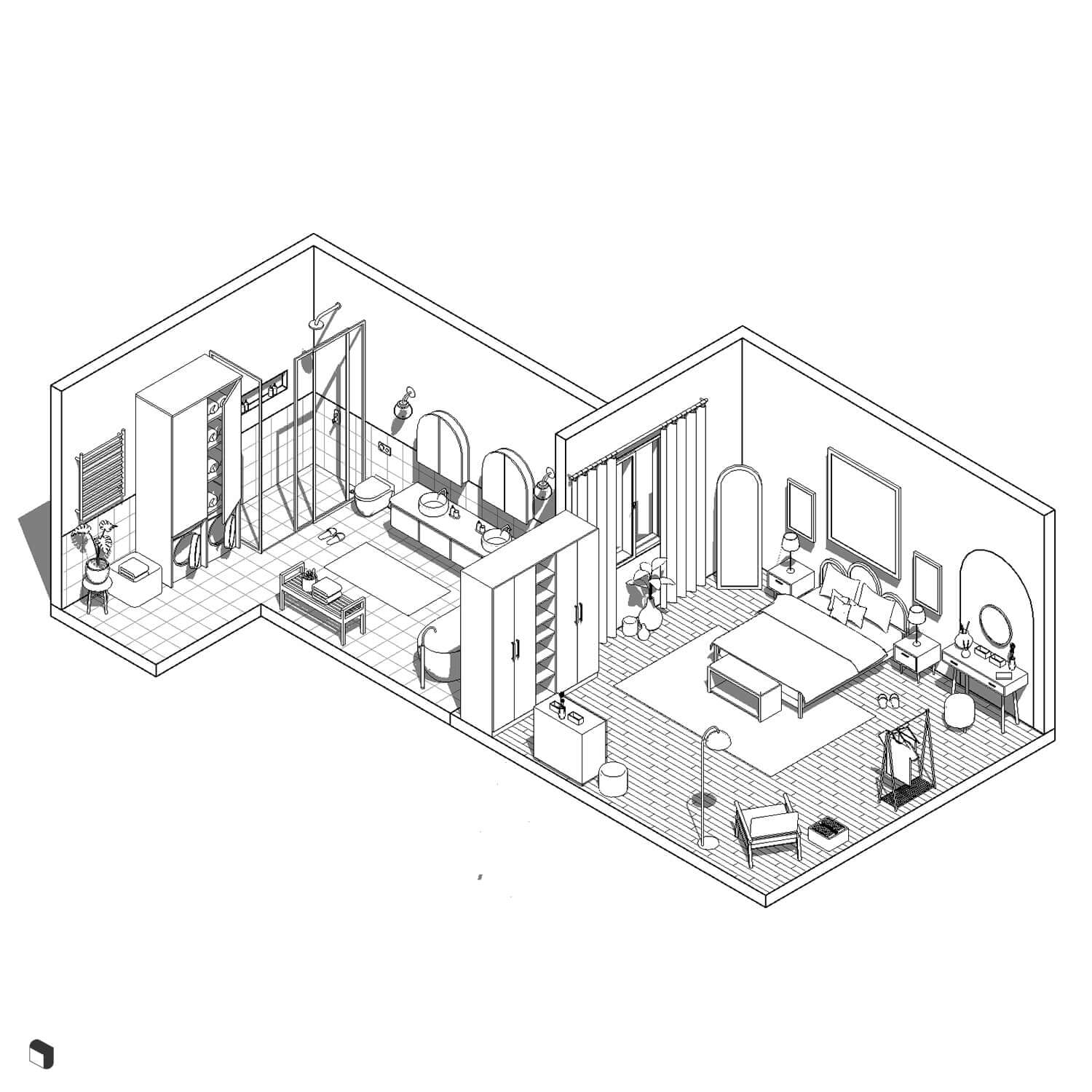 3D Model Revit Scandinavian Bedroom & Bathroom Digital Artwork drawings | Toffu Co