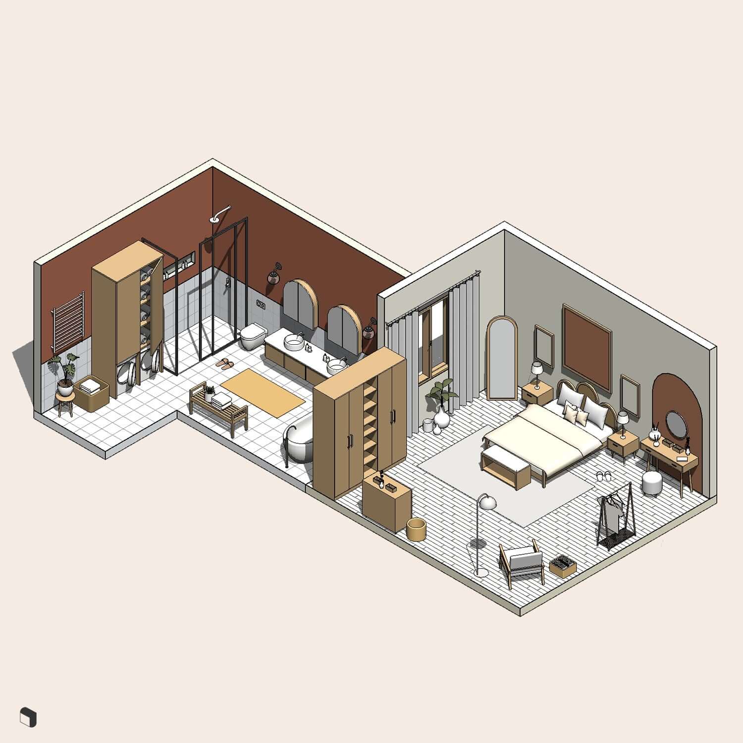3D Model Revit Scandinavian Bedroom & Bathroom Digital Artwork drawings | Toffu Co
