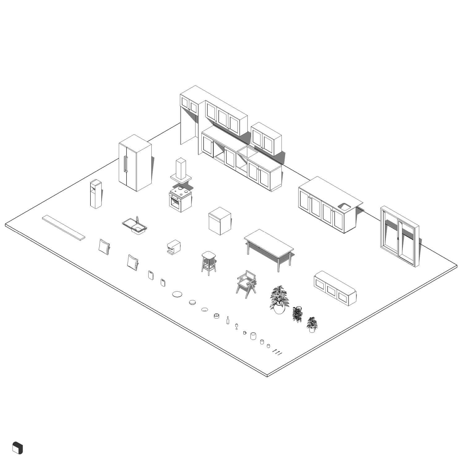 3D Model Revit Scandinavian Livingroom & Kitchen Digital Artwork drawings | Toffu Co