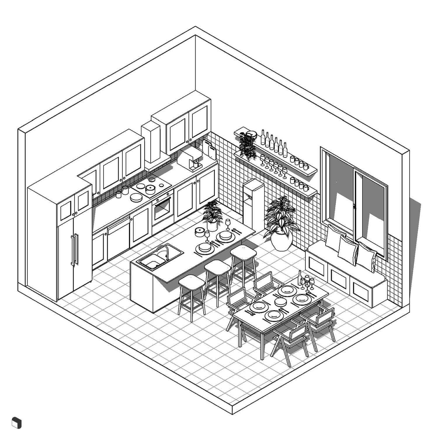 3D Model Revit Scandinavian Livingroom & Kitchen Digital Artwork drawings | Toffu Co
