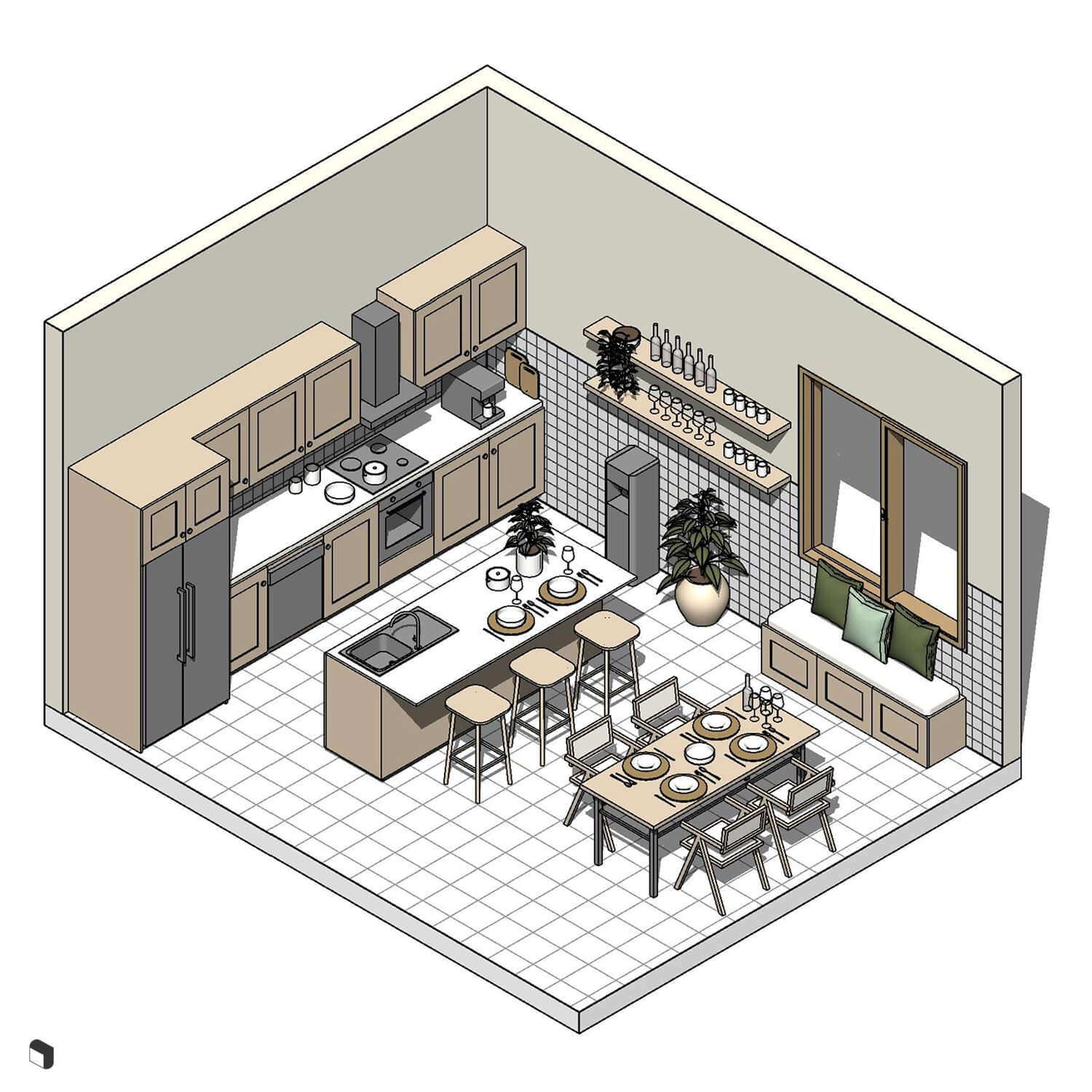 3D Model Revit Scandinavian Livingroom & Kitchen Digital Artwork drawings | Toffu Co