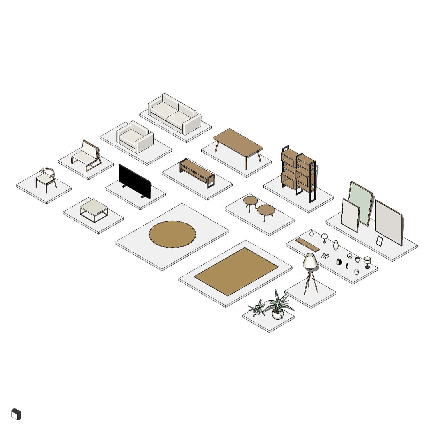 3D Model Revit Scandinavian Livingroom & Kitchen Digital Artwork drawings | Toffu Co