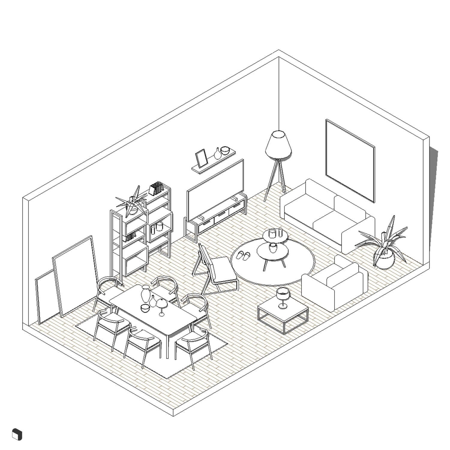 3D Model Revit Scandinavian Livingroom & Kitchen Digital Artwork drawings | Toffu Co