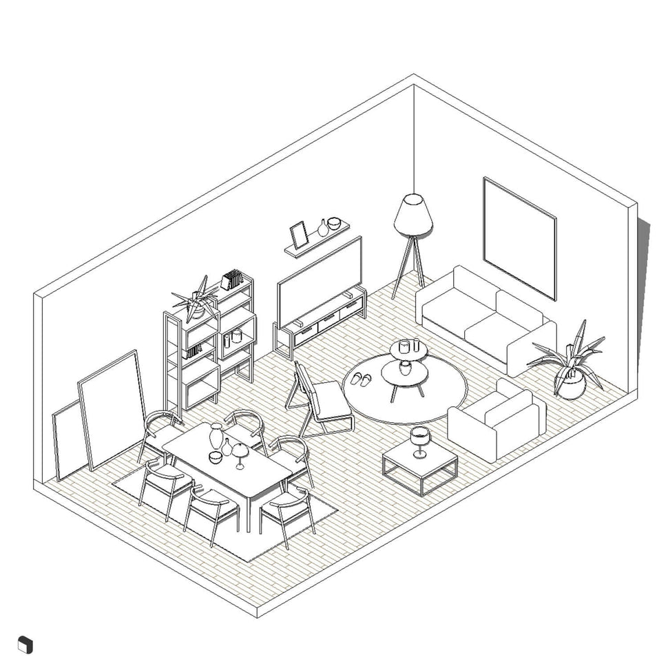 Scandinavian Livingroom & Kitchen Revit 3D Model | BIM Asset | Toffu Co